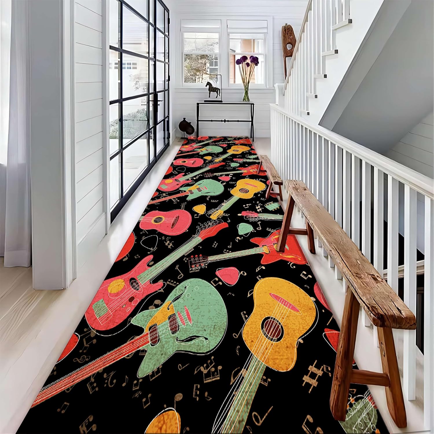 Guitar Runner Hallway Rug, 2x6ft Pink Yellow and Green Electric Guitar Washable Rug, Non-Slip Durable Kids Rug, Decorative Music Room, Kids Room Playroom Bedroom Floor Mat Doormat