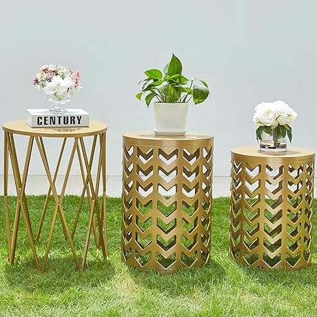 Y&M Gold Side Tables, Nesting Metal Round Coffee Table