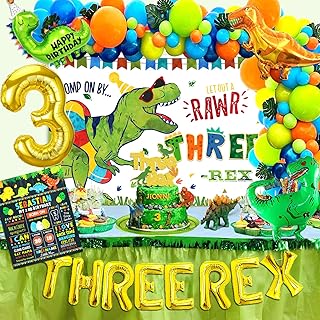 105pcs Three Rex Birthday Party Decorations Boy, Dinosaur 3rd Birthday Party Decorations Supplies,3 Rex Birthday Party with 3 Rex Birthday Backdrop Dinosaur Balloons Kit and Cake Toppers for 3rd Birthday Decorations for Boys