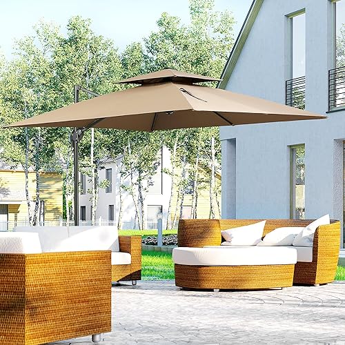 Miniatura 2 de Outsunny Sombrilla de patio de 10 pies con base, sombrilla voladiza de aluminio colgante de doble parte superior con rotación de 360 grados, fácil