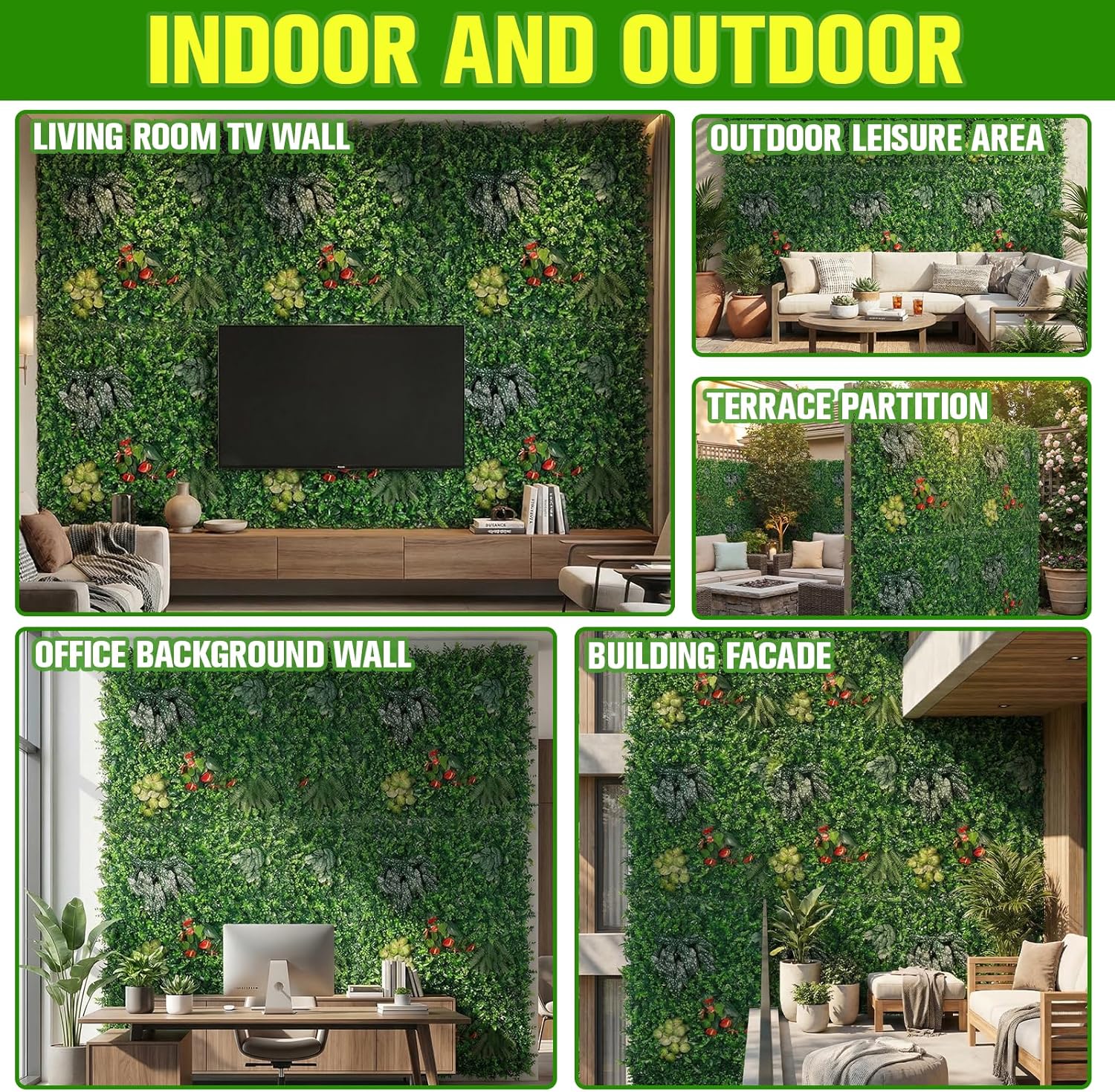 6pcs 39.37"X39.37" PE Artificial Grass Wall Panel, 8-Plant Mixed Foliage, Easy DIY Installation with Zip Ties, Indoor Outdoor Privacy Screen for Home Garden Wedding Decoration