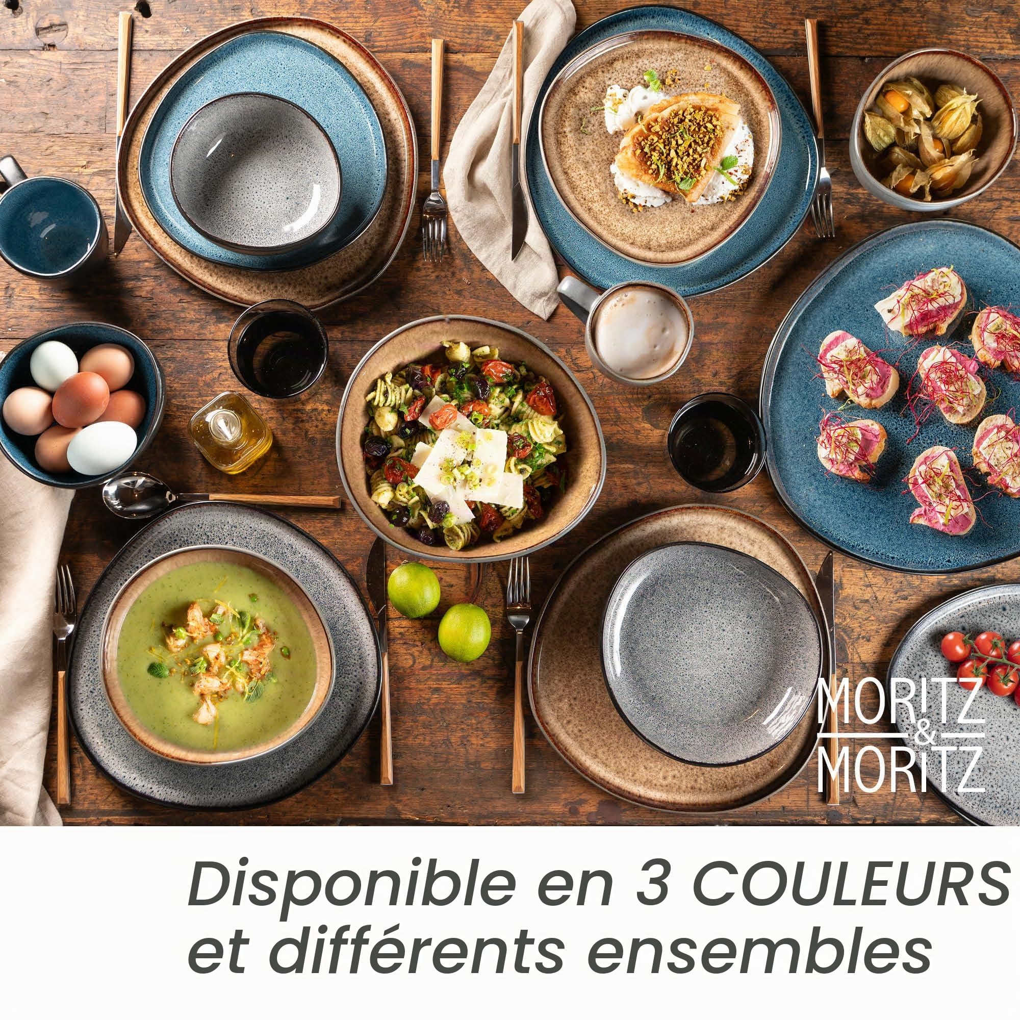 Moritz & Moritz ORGANIC Service de vaisselle 18 pièces 6 personnes Bleu - Élégant set de vaisselle en grès de haute qualité - Service de vaisselle 6 personnes avec 6 assiettes à dîner, 6 assiettes à