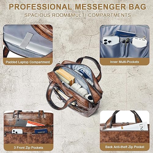 Miniatura 4 de Shrrie Bolsa de mensajero de cuero para hombres y mujeres, bolsa para laptop de 16 pulgadas, resistente al agua