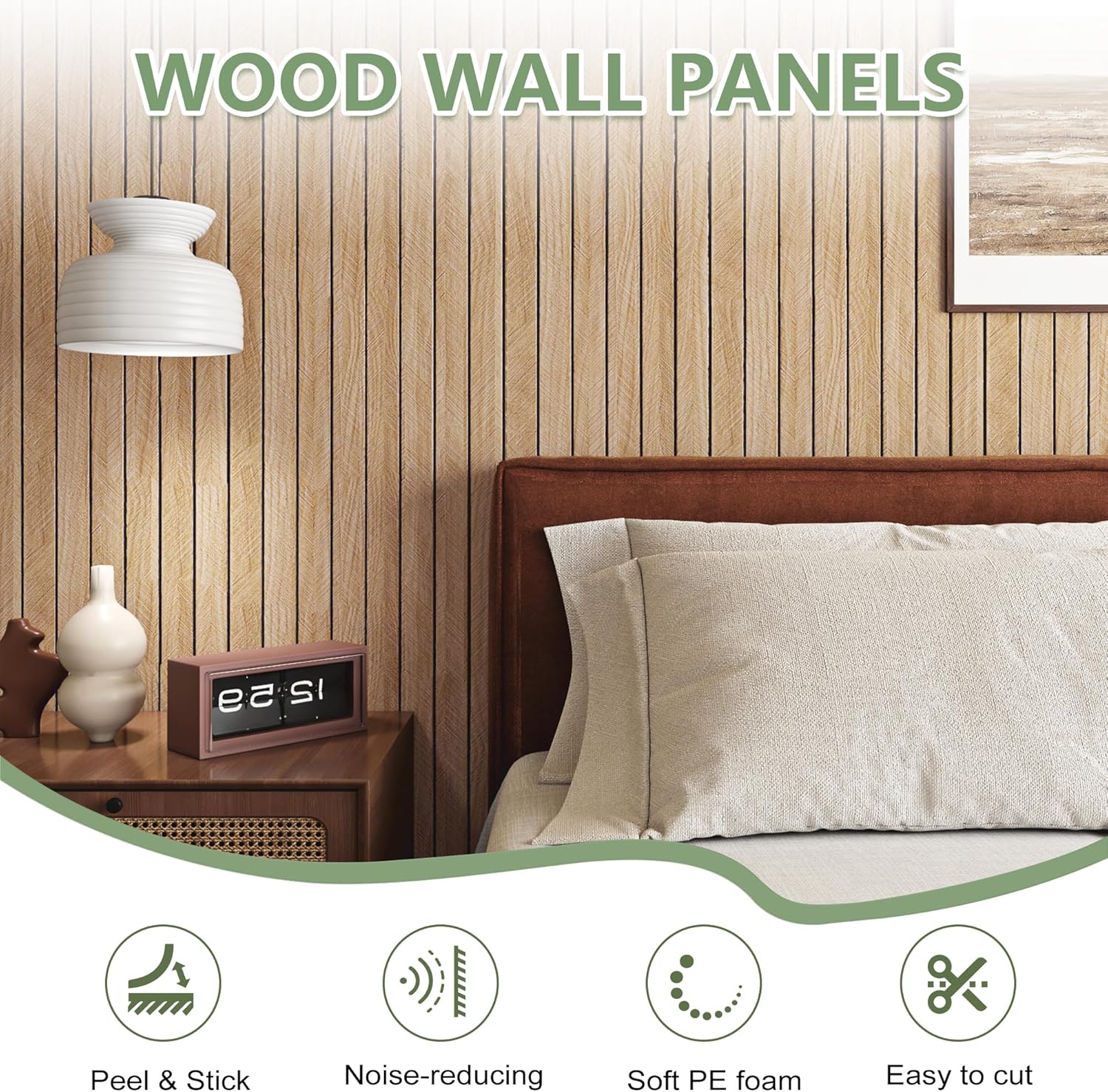 ReWallpaper 24in X 10ft Peel and Stick Wall Panels Light Oak Faux Wood Slat Paneling 3D Foam Backed Acoustic Panels Sound Absorbing Easy Cut DIY for Bedroom Office Headboard Accent Wall Home Decor