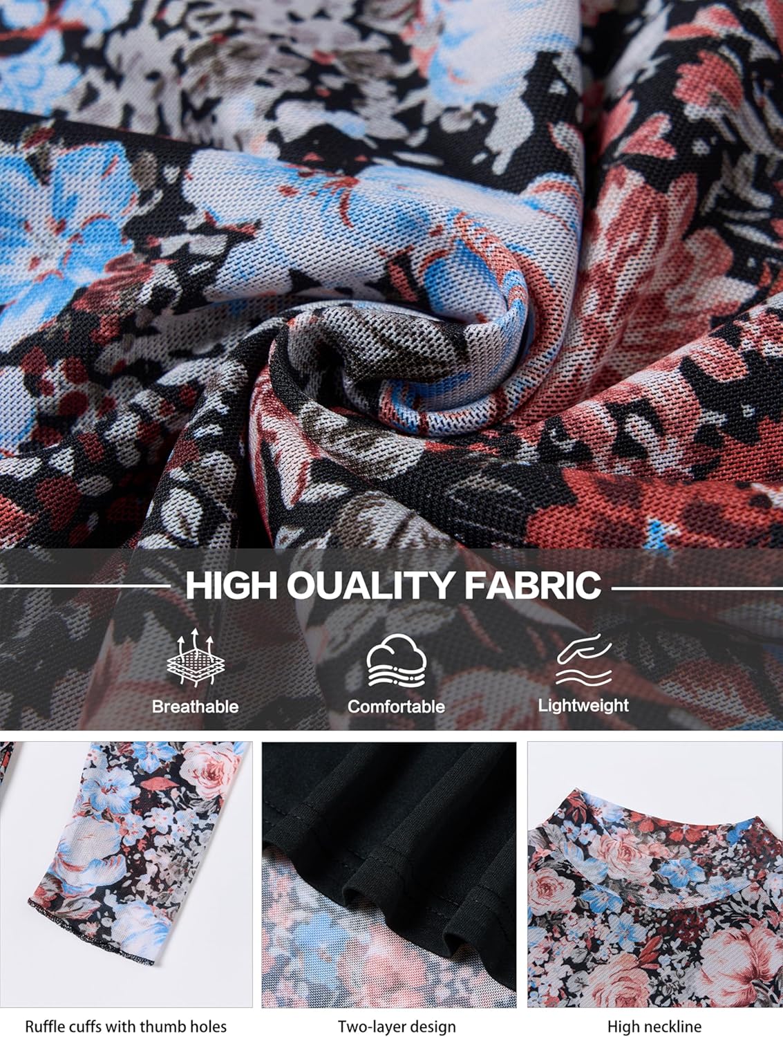 Floral Mesh Long Sleeve Lace Sheer Mockneck Trendy Cute Going Out Tops for Women Fall Fitted Sexy Fashion Outfits Clothes - Image 4