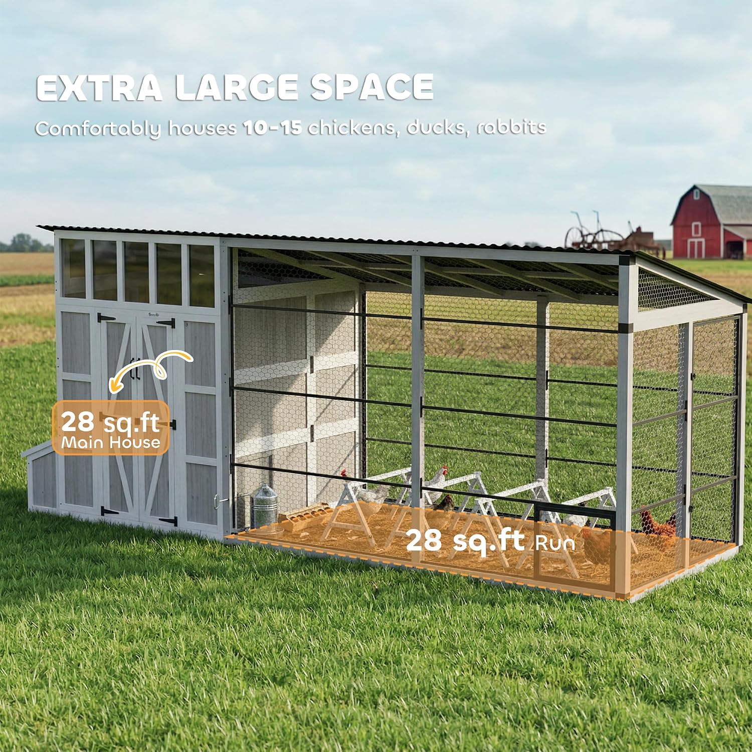 PawHut 212" L Large Chicken Coop for 10-15 Hens, Walk-in Outdoor Chicken House with Shovel, Run, Nesting Box, Weatherproof Roof, Perches, Wooden Hen House Poultry Cage for Ducks, Rabbits