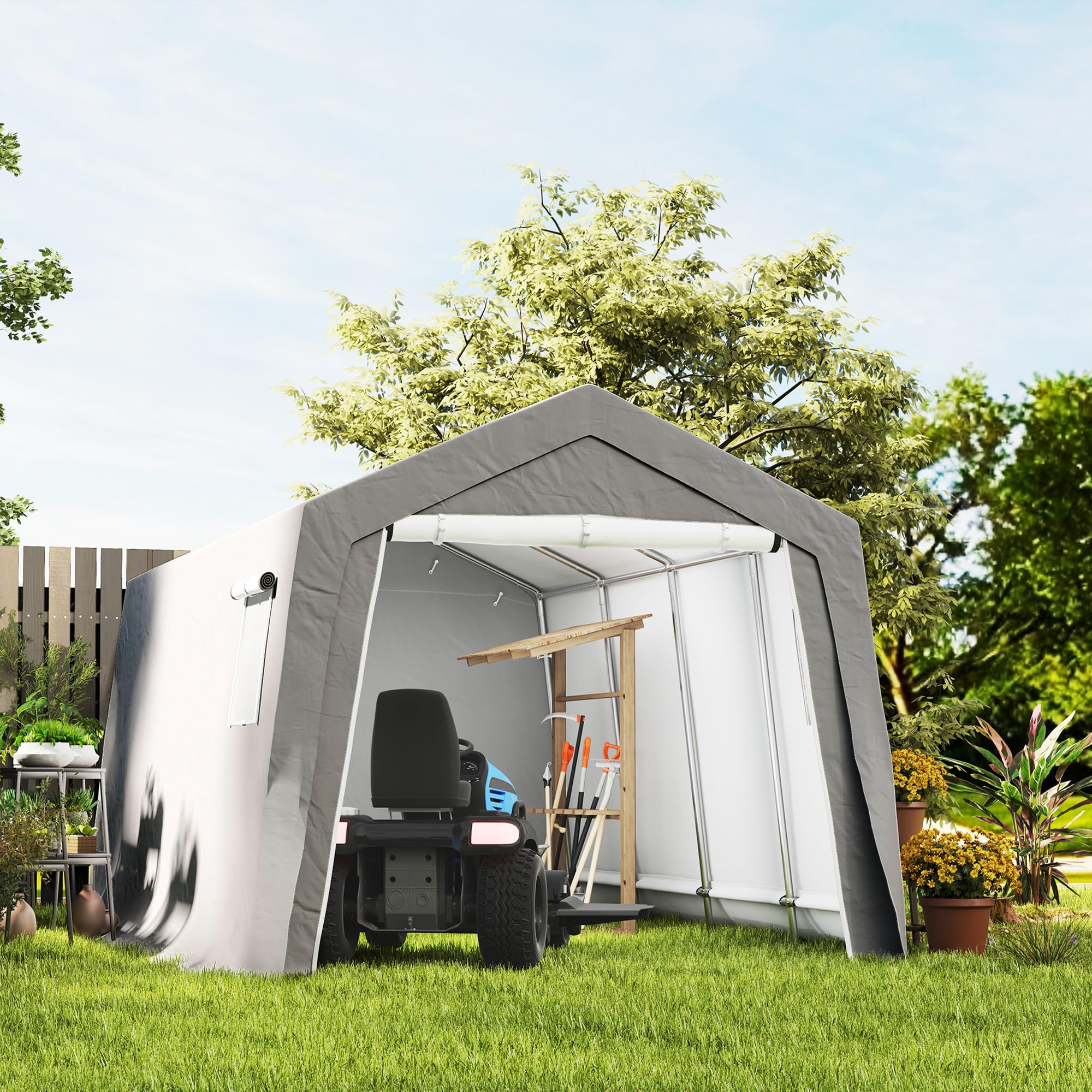 Outsunny Abri de Jardin Abri Vélo Extérieur 3 x 4,5 x 2,5 m Gris Clair | Porte Enroulable Zippée, Fenêtres Ventilées, Tente de Stockage Étanche Anti-UV, pour Moto, Outils de Jardin