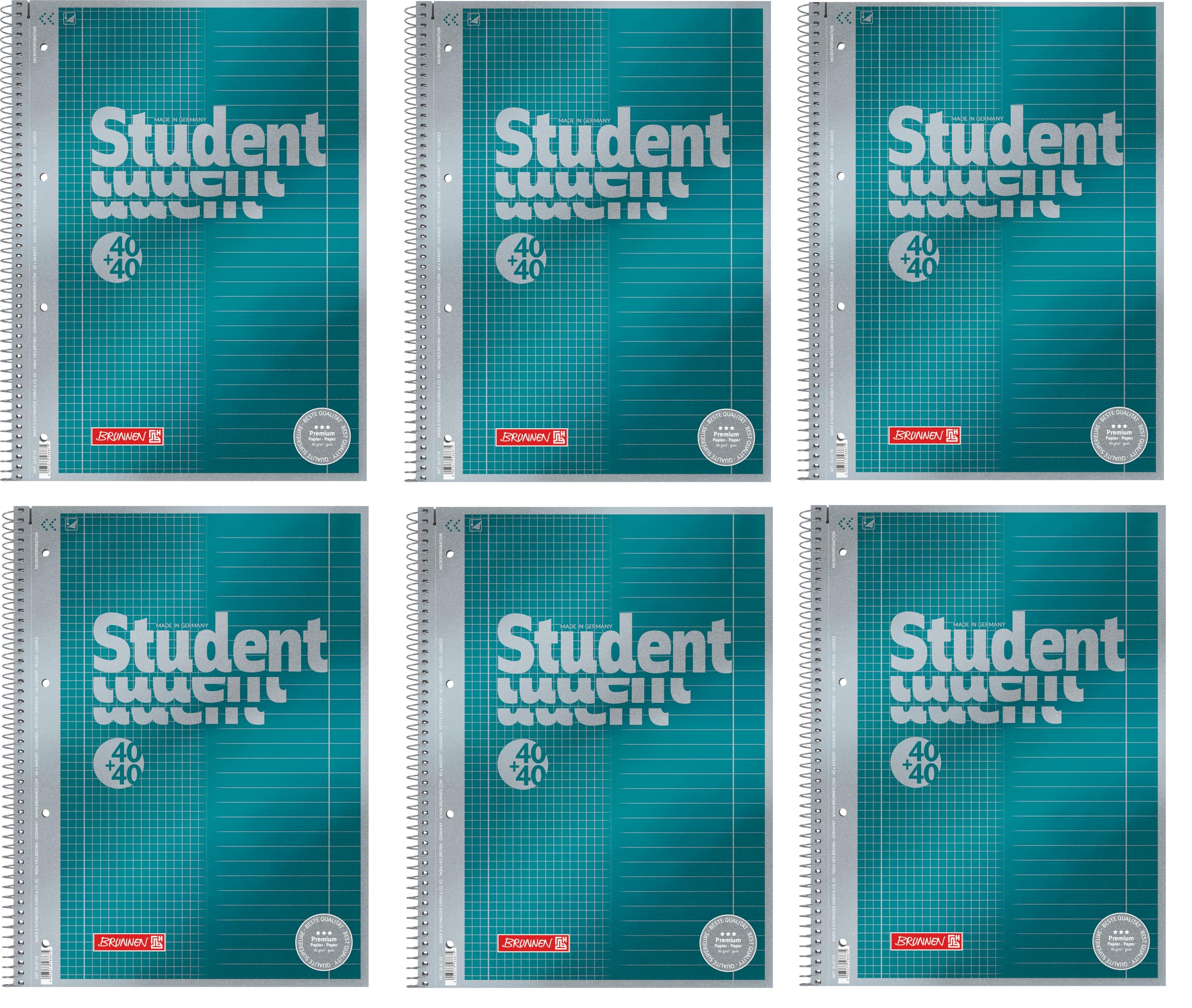 BRUNNEN Collegeblock Premium Student „DUO“ | A4, kariert/liniert, 80 Blatt, petrol (6 Blöcke)
