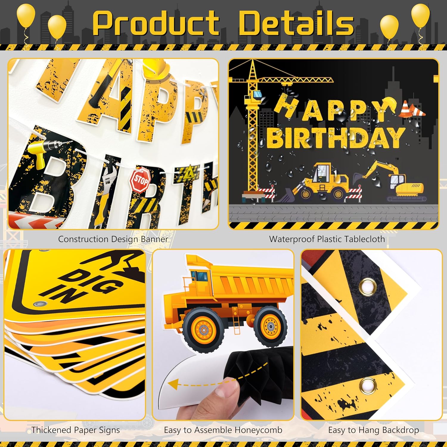 Construction Birthday Party Supplies - Dump Truck Decorations with Balloon Arch Kit, Happy Birthday Banner, Backdrop, Tablecloth, Honeycomb Centerpieces, Caution Tape - Image 4