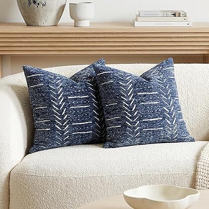 BlissBlush Decorative Throw Pillow Covers 18x18 Set of 2, Boho Blue Textured Chenille Accent Throw Pillow Covers for Couch Sofa Bed Living Room Home Décor (Cover Only)