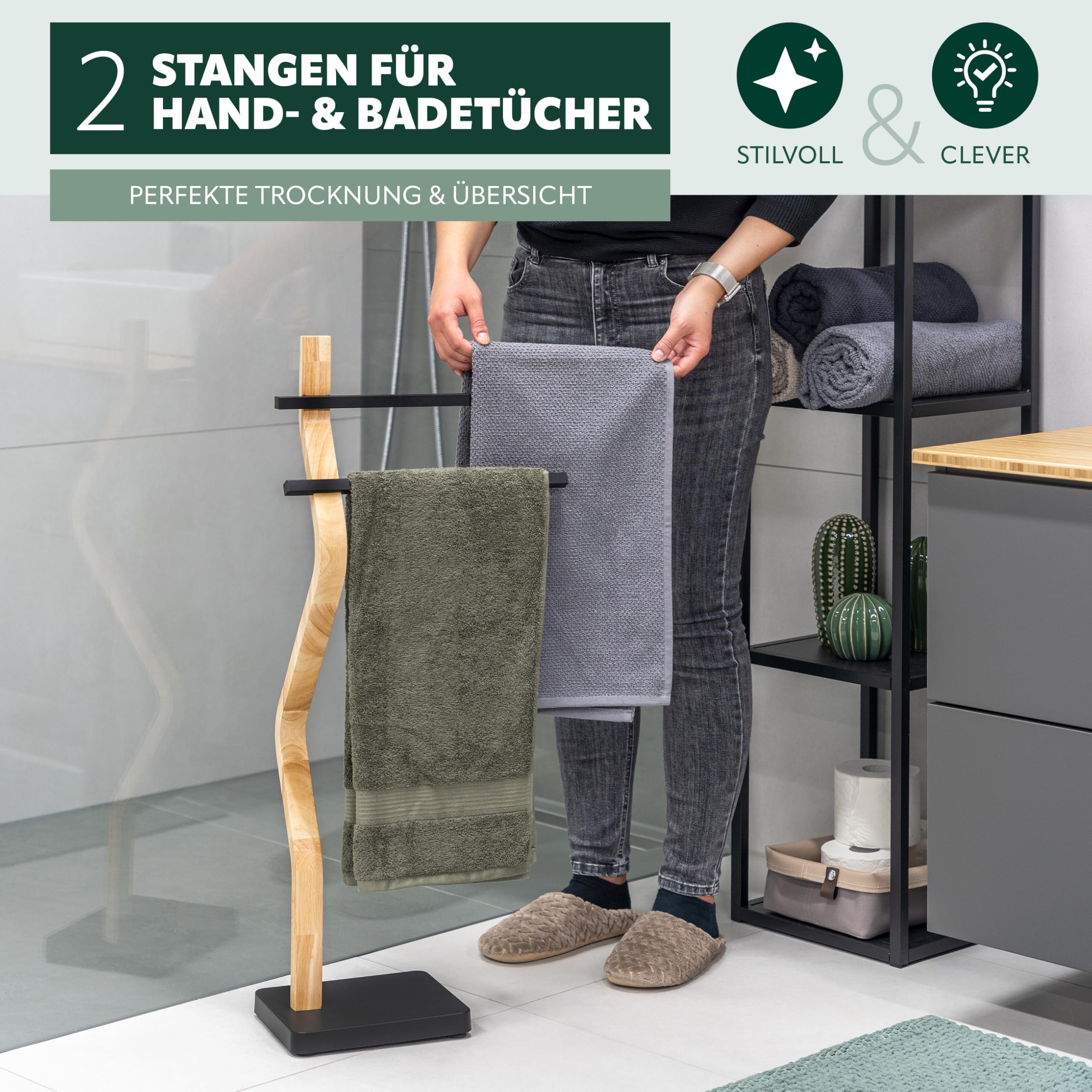 eluno Stand-Handtuchhalter freistehend, 2 Stangen für Handtücher, moderner Handtuchständer aus FSC-zertifiziertem Holz und Metall (Schwarz)