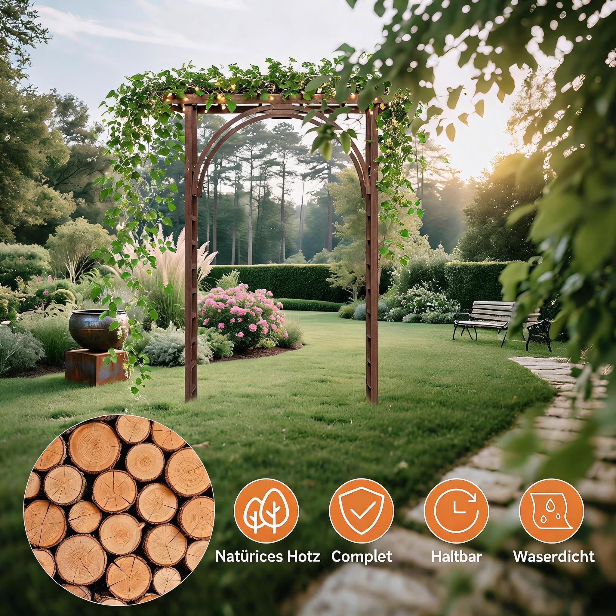 Garvee Gartenbogen Holz 215 cm – Stabiler Rosenbogen & Hochzeitsbogen | Natur-Fichtenholz, witterungsbeständig, stabiles Gitter-Design, schneller Aufbau, für Kletterpflanzen geeignet
