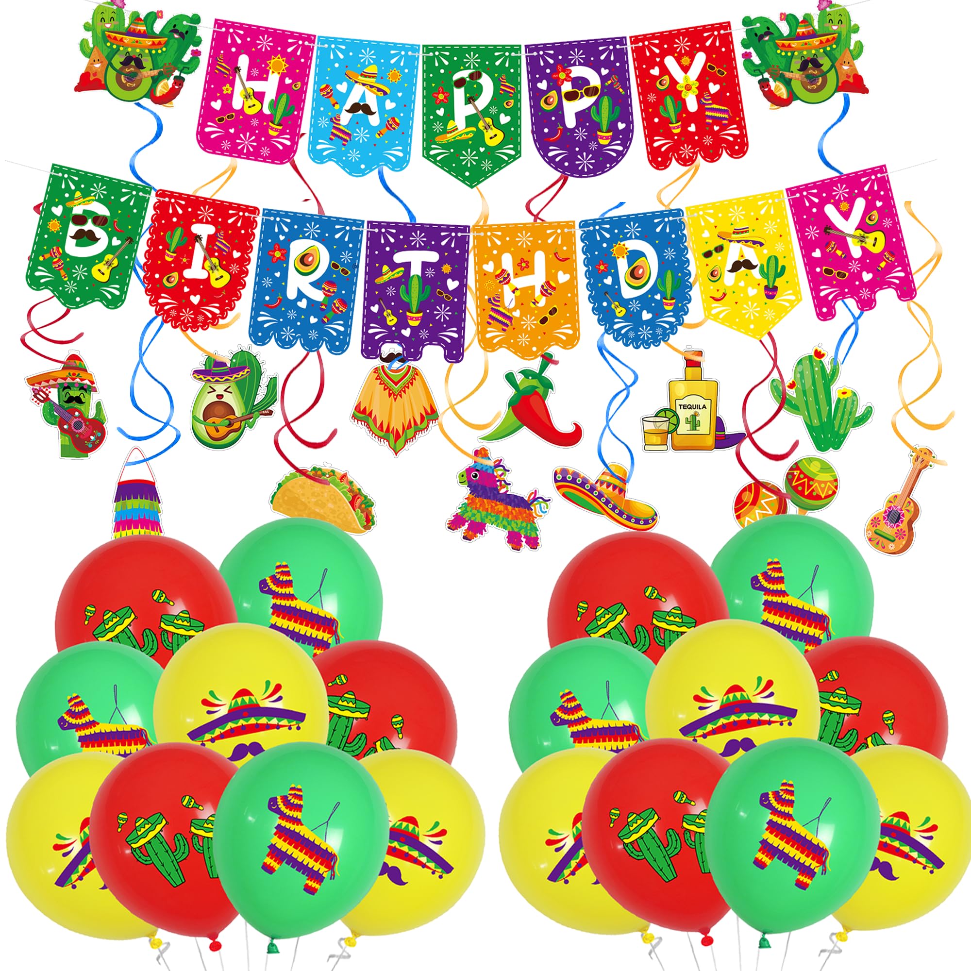 Mexican Theme Birthday Party Decorations Supplies,Mexican Decorations Set Include Happy Birthday Banners,Hanging Swirls and Balloons Centerpiece for