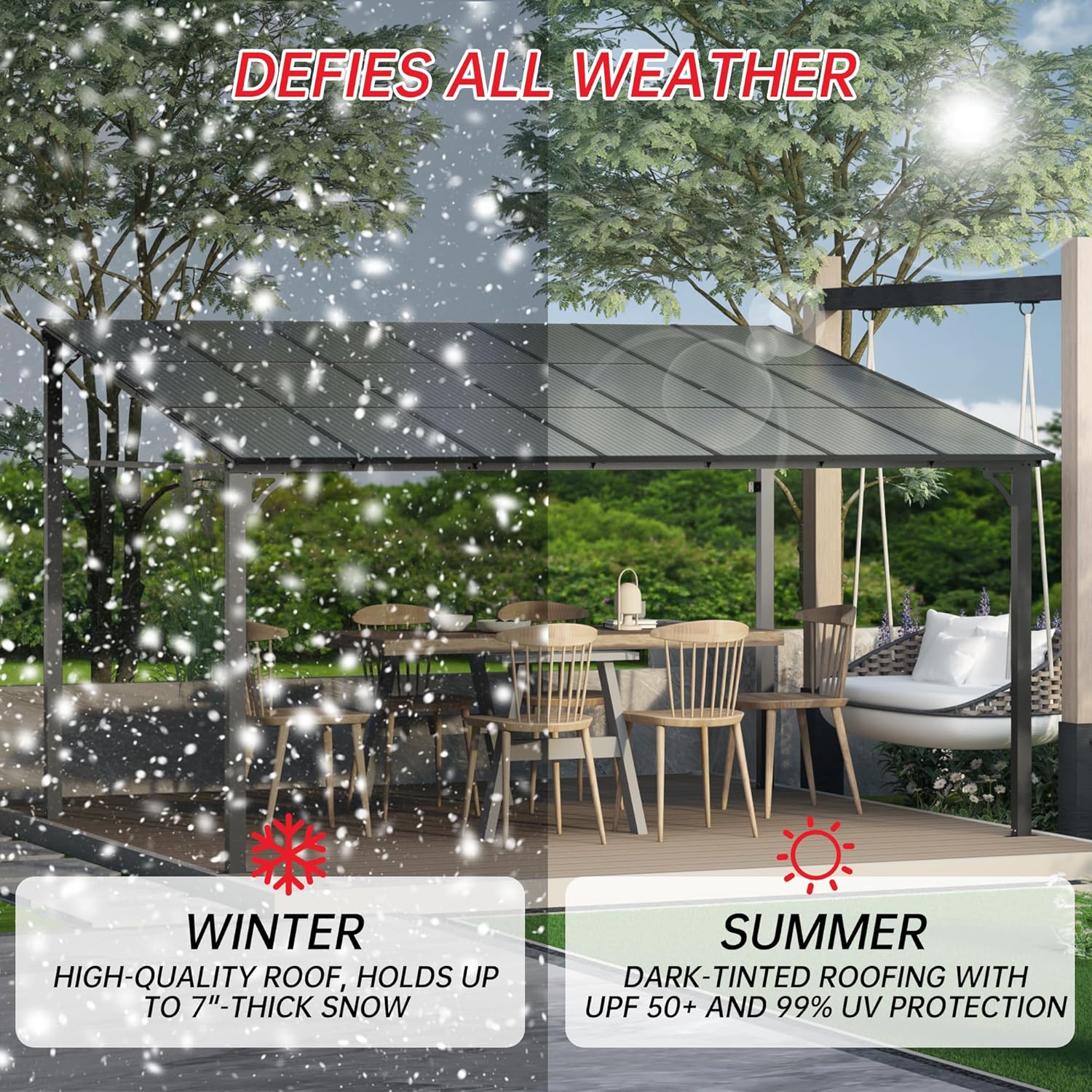 12x14 ft Wall-Mounted Lean-to Gazebo, Outdoor Patio Cover Awning with Heavy-Duty Aluminum Frame & UV-Resistant Polycarbonate Roof, All-Weather Hardtop Canopy for Deck, Yard & Parties