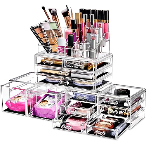 Sorbus Large Makeup Organizer - Clear Stackable Jewelry Makeup Organizer for Vanity, Bathroom Storage Display Case - 12 Drawers Cosmetic Beauty Organizers and Storage with Lipstick Makeup Brush Holder