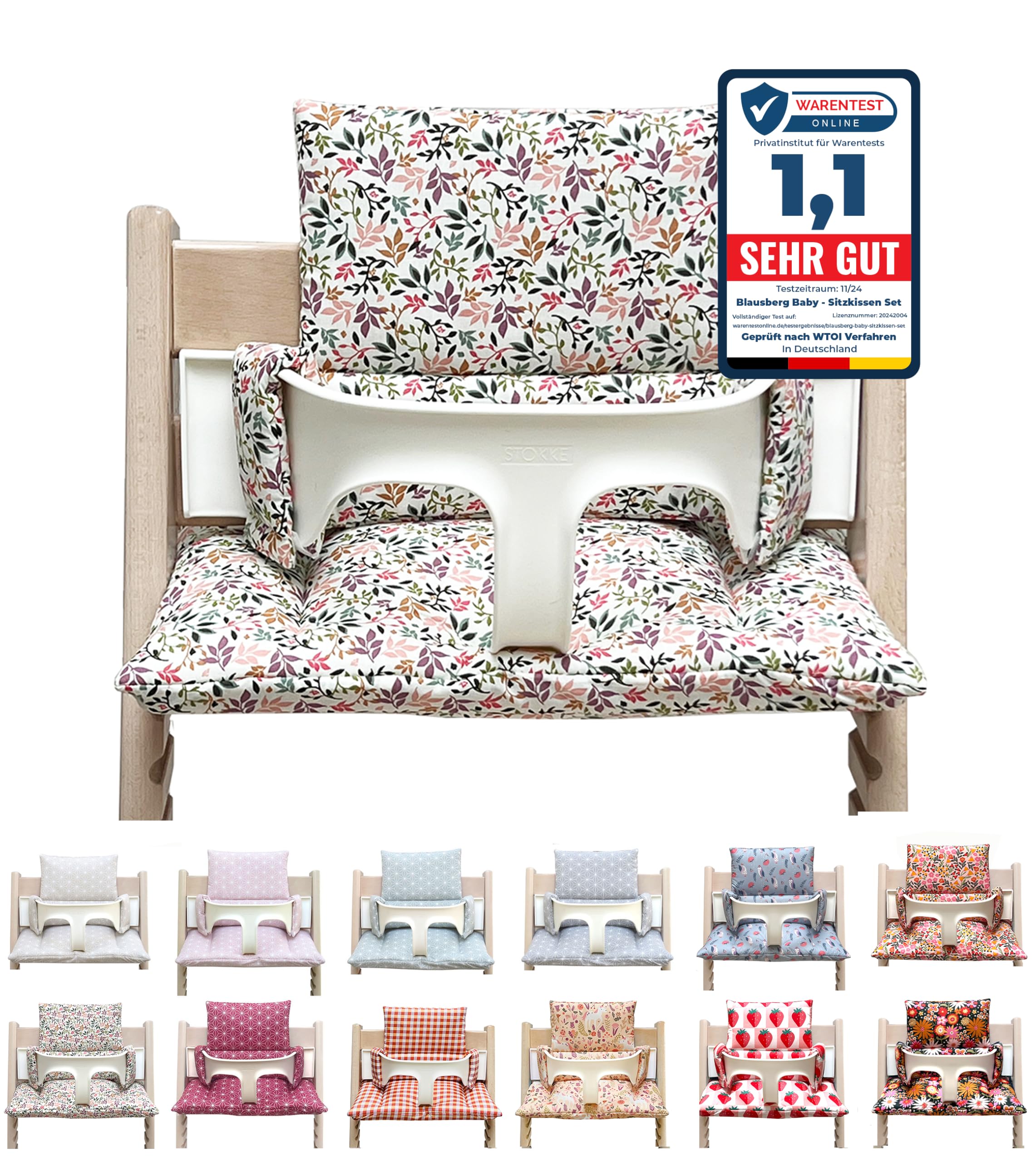 Blausberg Zestaw poduszek do siedzenia dla niemowląt, zmywalny, do wysokiego krzesła Tripp Trapp Stokke, wyprodukowano w Niemczech, materiały, certyfikat Oeko-TEX Standard, kolorowe kwiaty