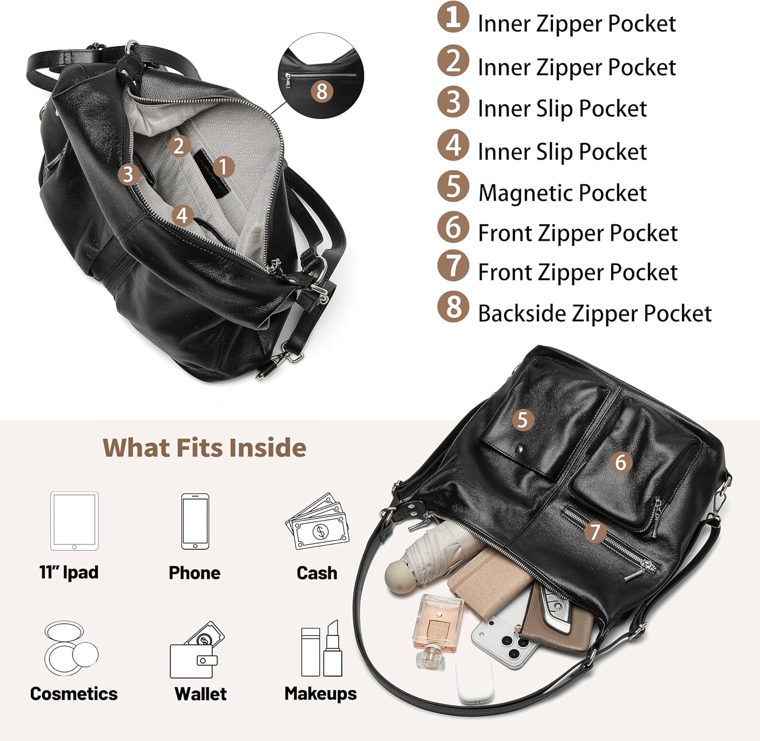 DAILANDO Vintage Multi-Pockets Shoulder Bag, Large Suede Hobo Purse Convertible Backpack with Two Adjustable Straps | Multi functional - Image 7