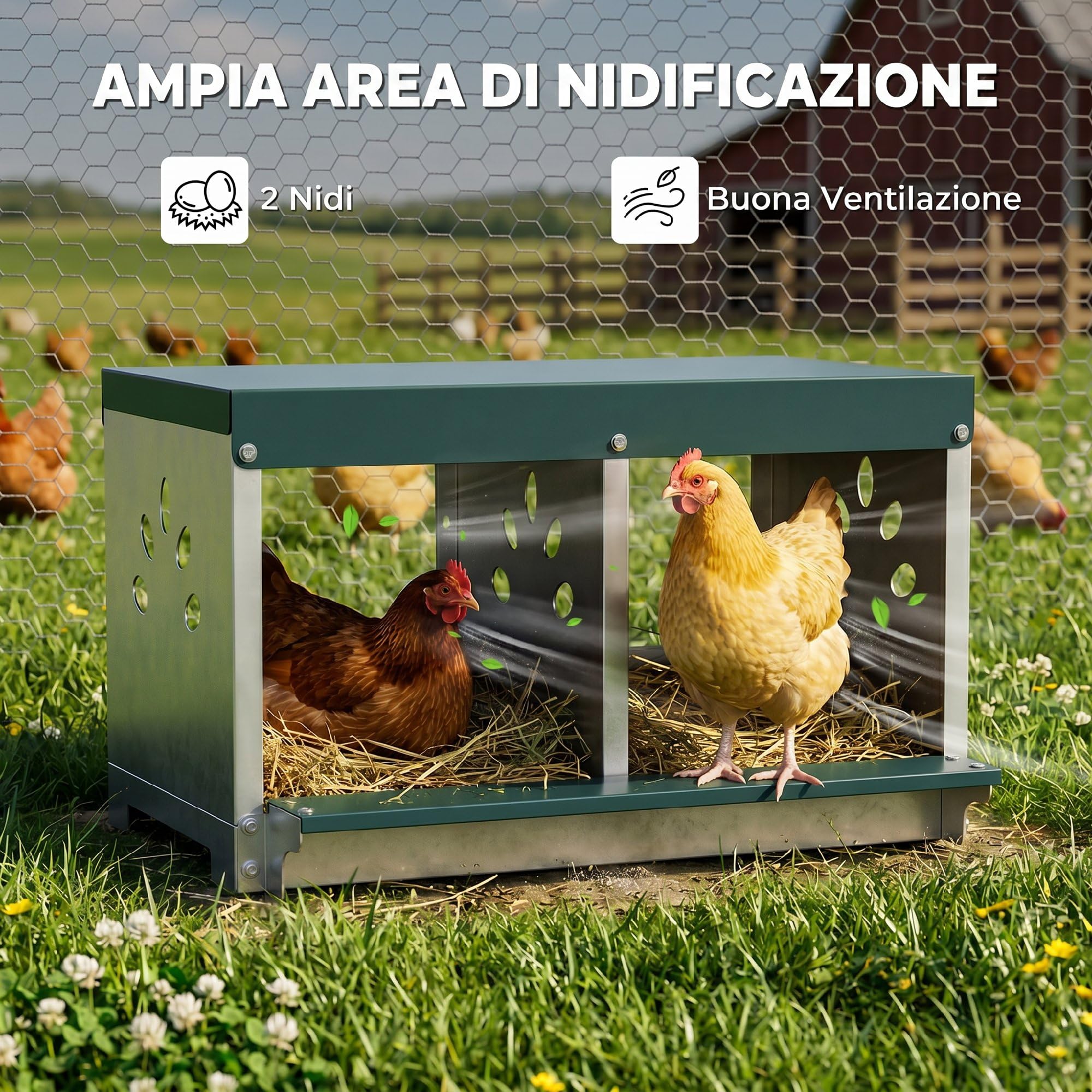 PawHut Nido per Galline Ovaiole in Acciaio a 2 Aree con Base Rialzata e Tetto, Nido Galline con Fori di Ventilazione, Facile da Pulire, 54.5x42.5x35.5 cm, Argento