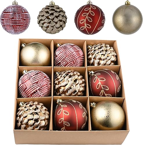 Valery Madelyn Juego de adornos de Navidad, 9 quilates de cobre rojo y blanco inastillable, juego de decoración surtida para árbol de Navidad, 3.94