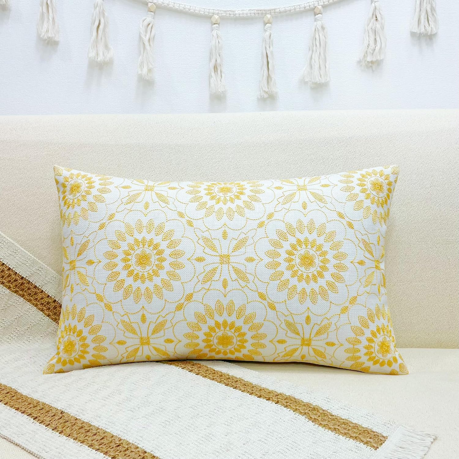 Slow Cow Linen Embroidery Lumbar Throw Pillow Cover Cushion Cover Floral Pattern Rectangular Pillowcase for Couch Bedroom 12