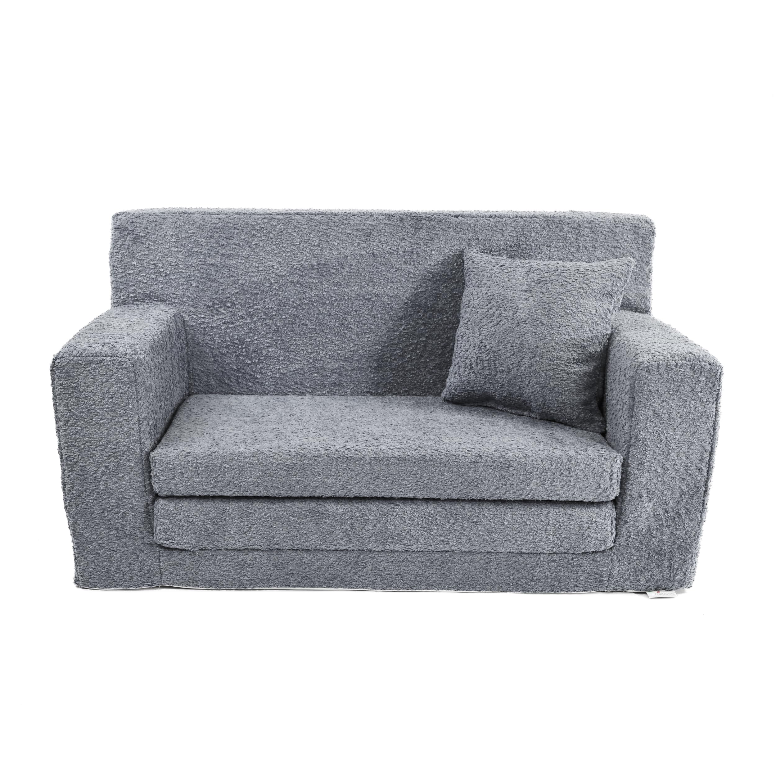 FORTISLINE Kindersofa aus Teddy-Stoff, ausklappbar, 83x43x47 cm, Kindercouch aus Schaumstoff mit abnehmbarem Bezug, Oeko-TEX, hergestellt in der EU, Grau