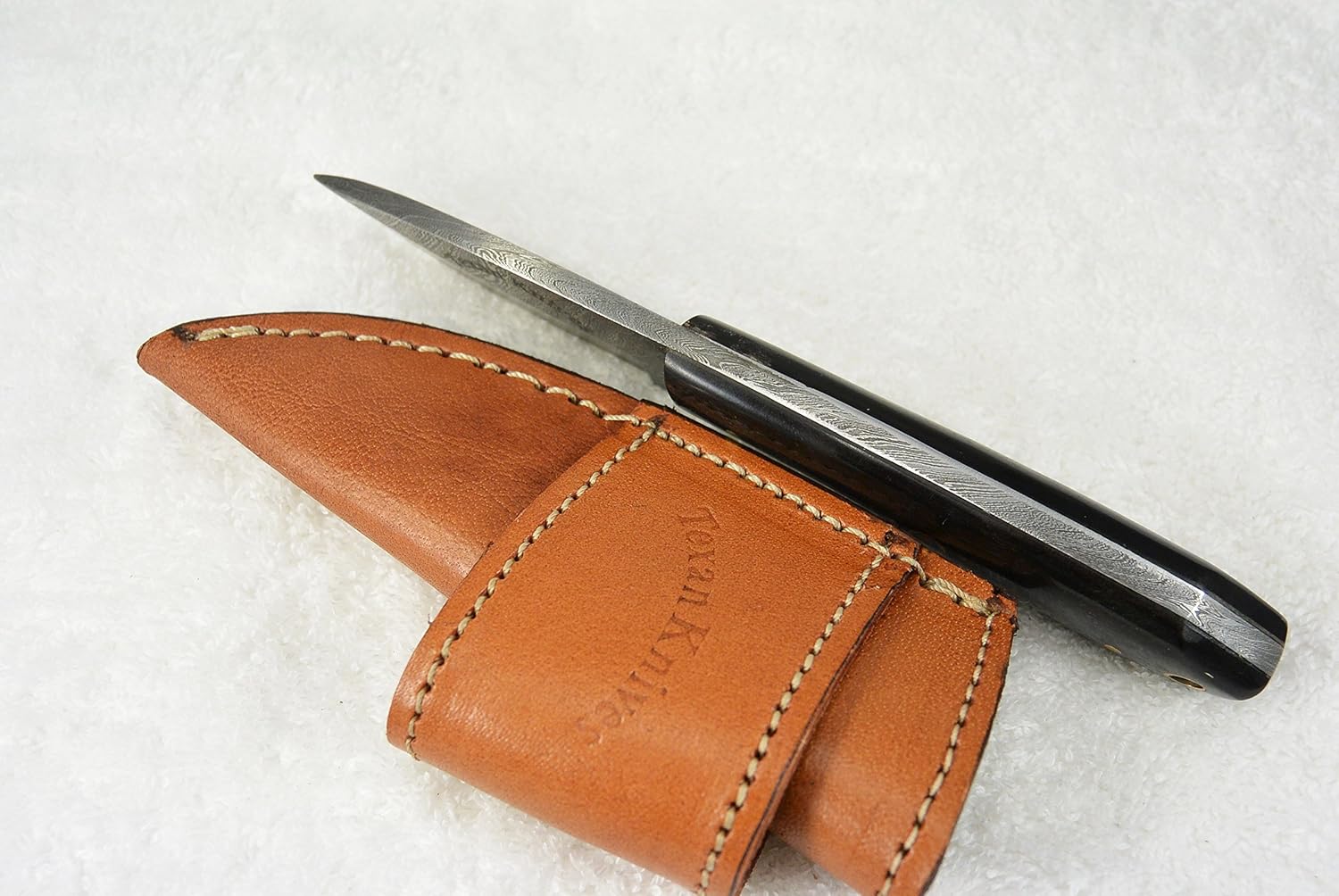 Damascus Steel Knives, Short Skinner Fixed Blade Knife, Buffalo's Horn Handle