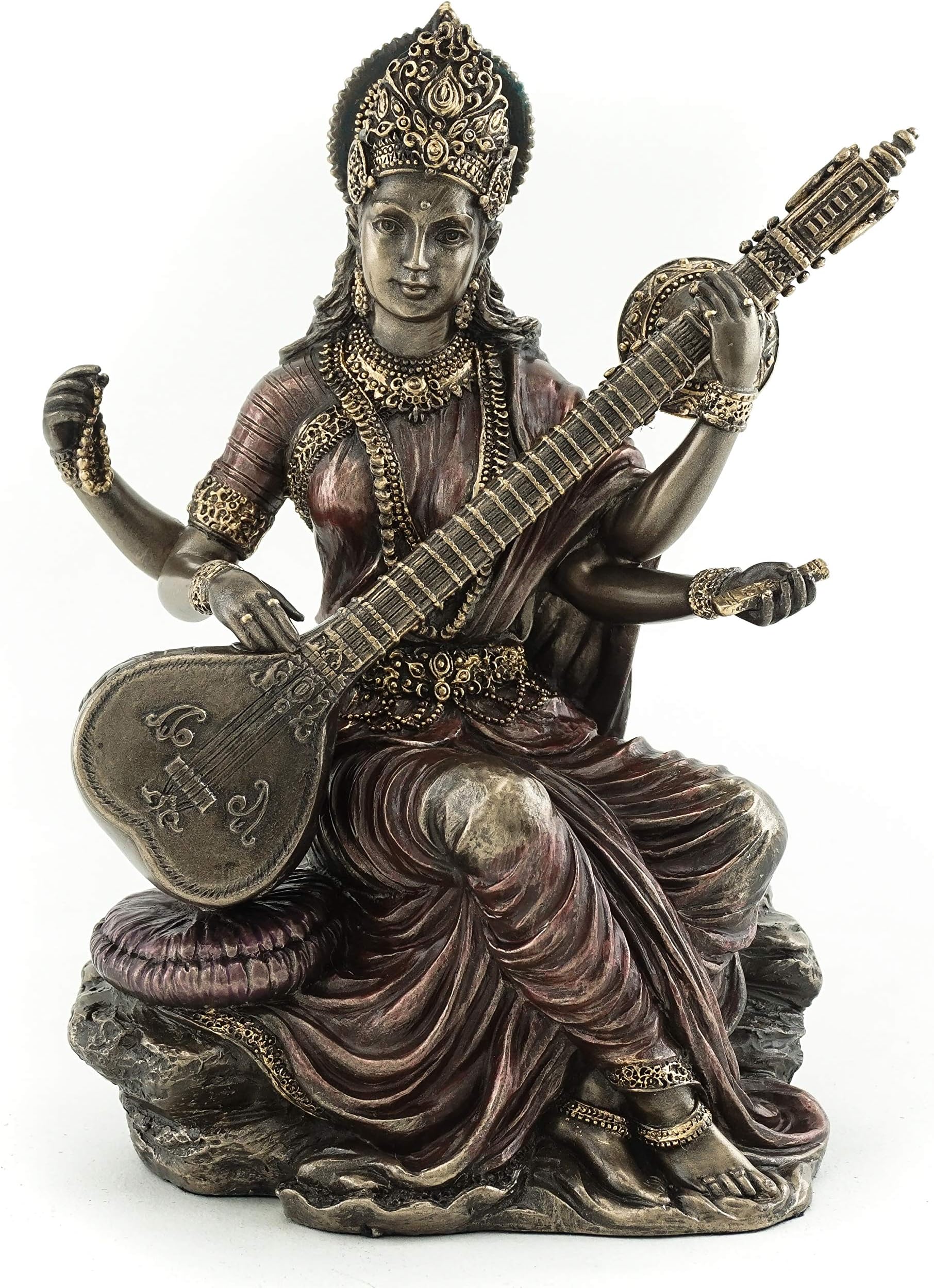 Top Collection Saraswati Statue- Hindu Goddess of Music and Wisdom Sculpture in Premium Cold Cast Bronze - 5.75-Inch Collectible East Asian Meditating Figurine