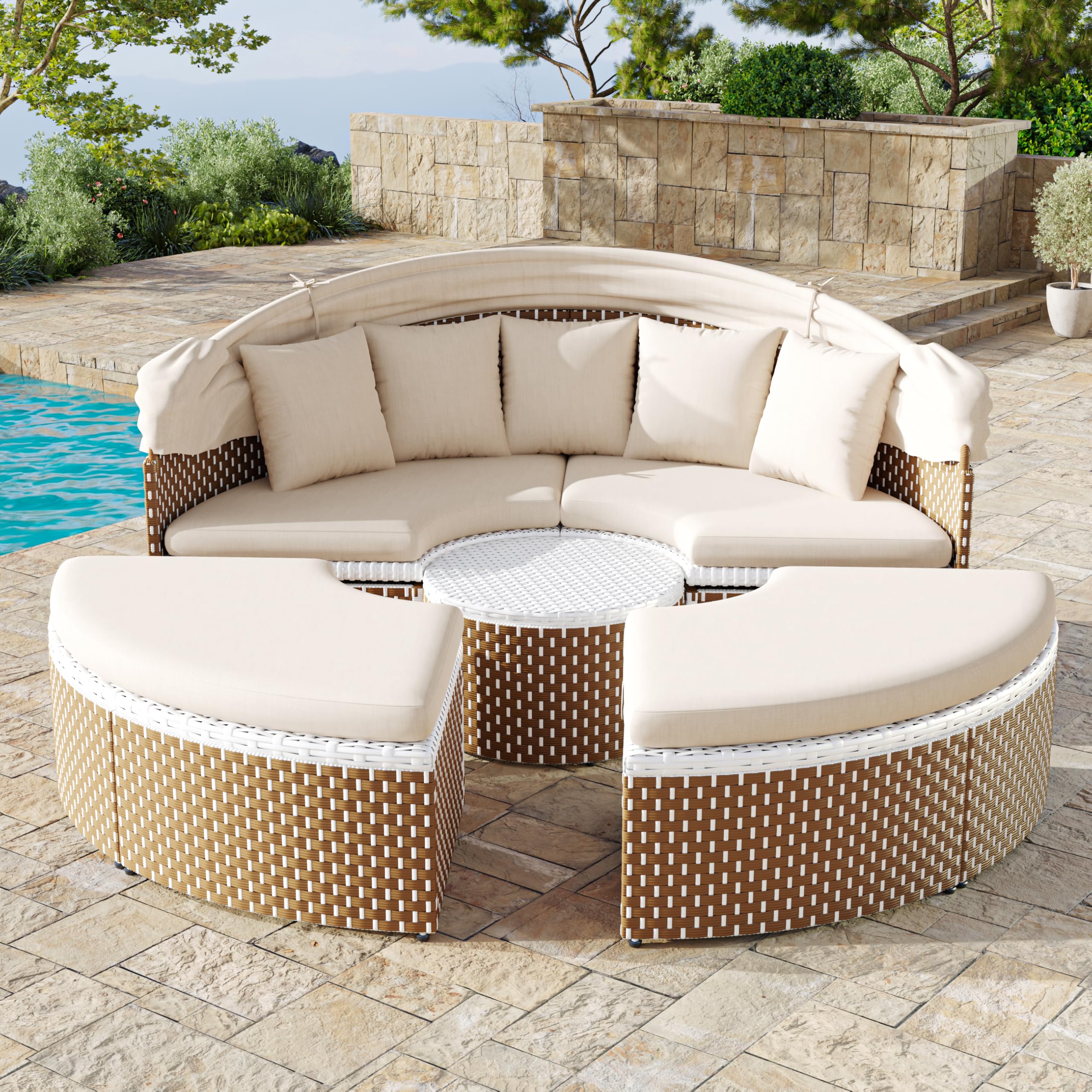Set di poltrone da giardino, isola, tavolo da giardino e sedie in rattan, letto a conchiglia, baldacchino allungabile, piano sollevabile (beige)