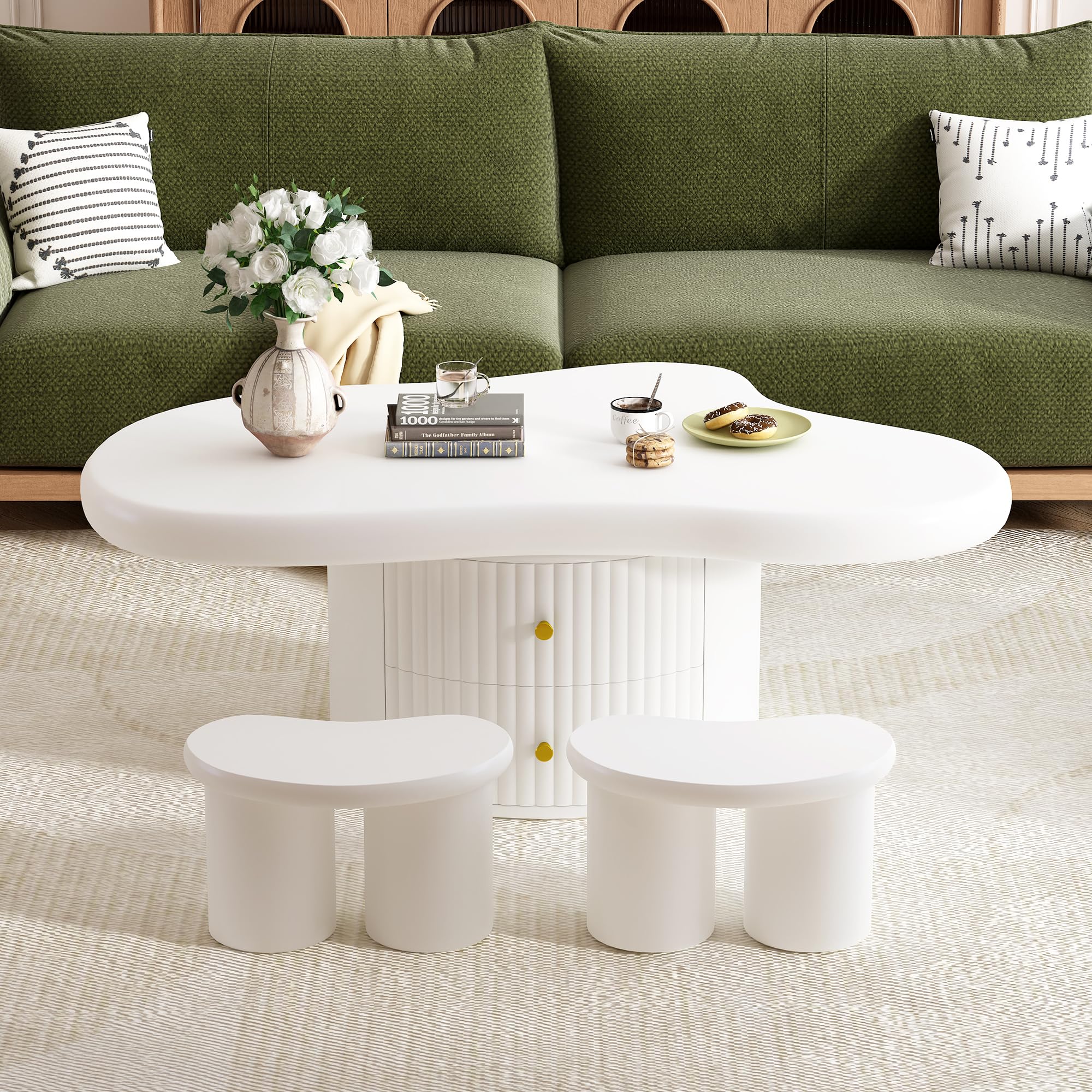 incomplete as is Merax Cloud Coffee Table Set of 3, Irregular Shape Coffee Table with 2 Drawers, 2 Small Stools for Living Room, White