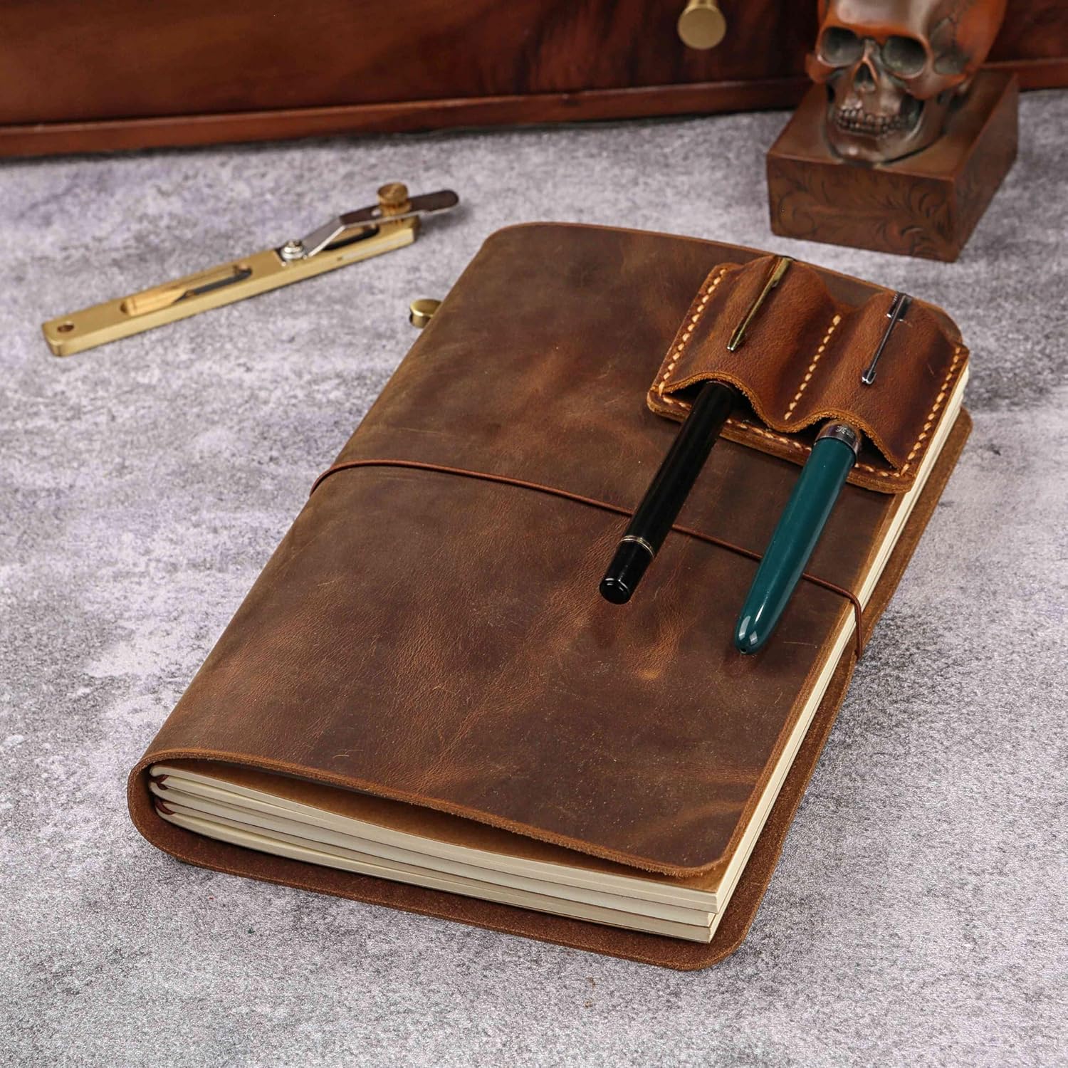 Handmade Leather Refillable A5 Travelers Notebook Cover, A5-8.3'' x 5.8''Leather Journal with 3 Inserts and Card Slots and Pen Holder