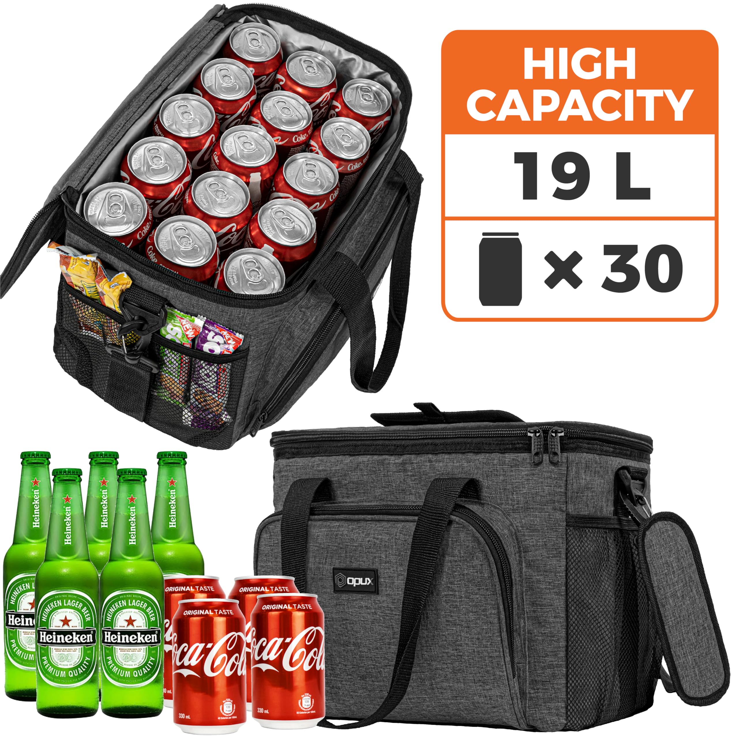 OPUX Bolsa térmica suave, bolsa de almuerzo plegable aislada para hombres, trabajo, camping, playa, viajes, portátil, suave, a prueba de fugas, impermeable, bolsa de almuerzo grande con correa para el