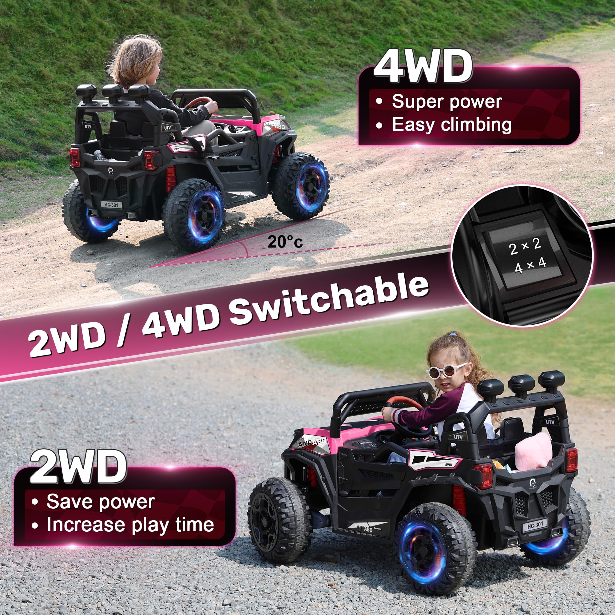 LUIBAS 24V Kids Ride-On UTV With Remote Control - 4WD Electric Toy Car With LED Lights & Bluetooth