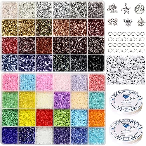31200 cuentas de cristal de semillas de 48 colores de 0.079 pulgadas 120 para hacer joyas con cuentas del alfabeto, 2 rollos de cuerda elástica,