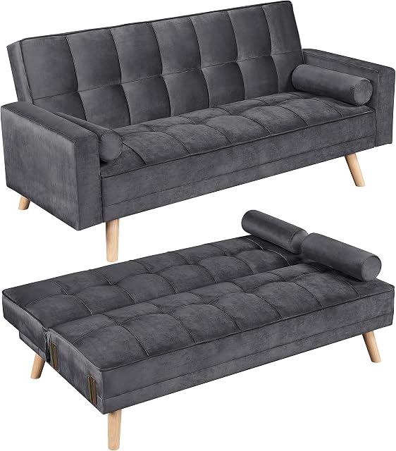 Yaheetech Modern Velvet Sofa Bed 3 Seater Click Clack Sofa Settee Recliner Couch with Wooden Legs for Living Room/Guest Room/Office, Modern Gray