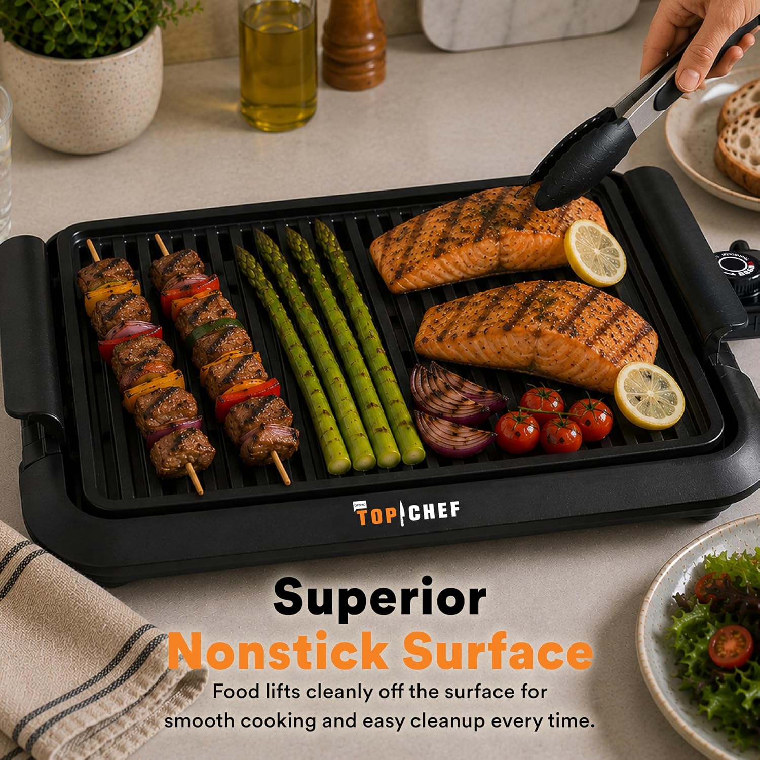 Top Chef Smokeless Indoor Grill with 15x10-Inch Nonstick Grilling Surface, Adjustable Temperature Control, 1200W Fast Heating, Detachable Drip Tray for Indoor Grilling and Easy Cleanup