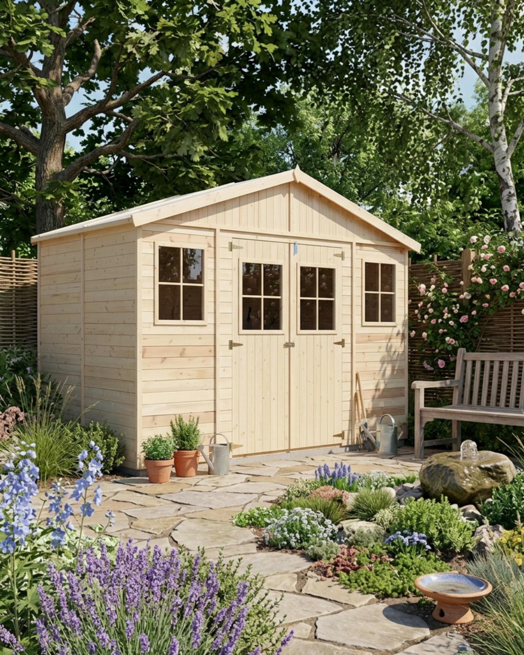 Steiner Shopping Gartenhaus Aachen 500x400 cm aus Holz I Vorgefertigtes Elementhaus mit Satteldach & Dachpappe I Großer Geräteschuppen für Gartengeräte & Fahrräder I Robuste Gartenhütte