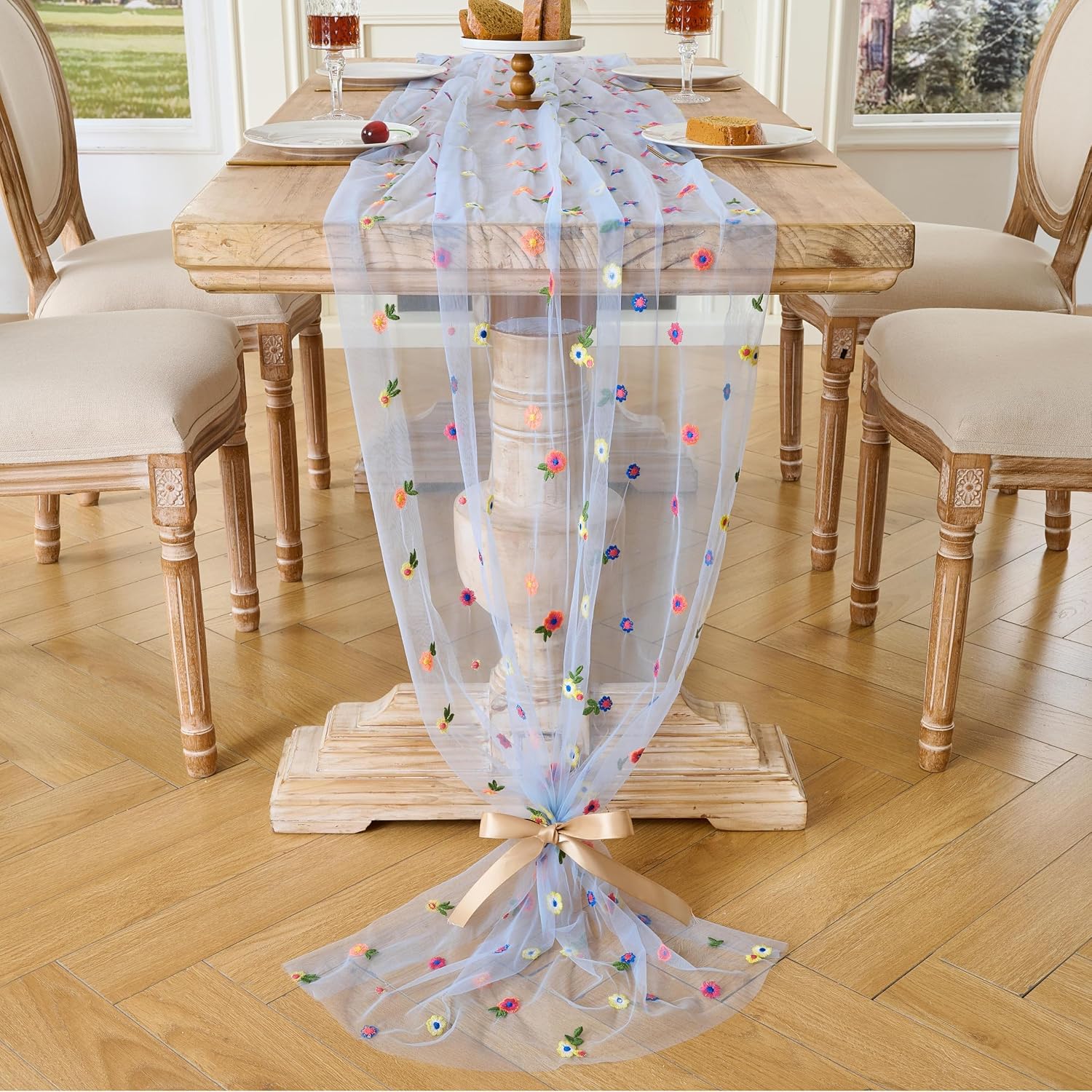 6PCS Blue Floral Table Runner 10 FT, Embroidery Daisy Table Runners Seasonal Spring Summer Sheer Tulle Dining Table Decor for Home Party Birthday Decor 29x120 Inch