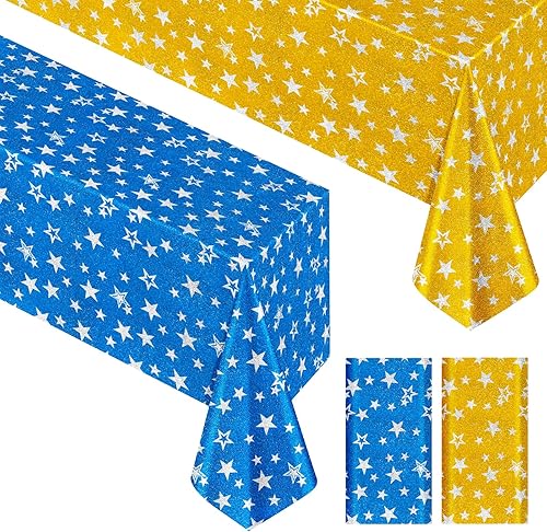 Paquete de 2 manteles de plástico con purpurina de estrella azul dorada, 40 x 70 pulgadas, desechables con estampado brillante y de estrellas,