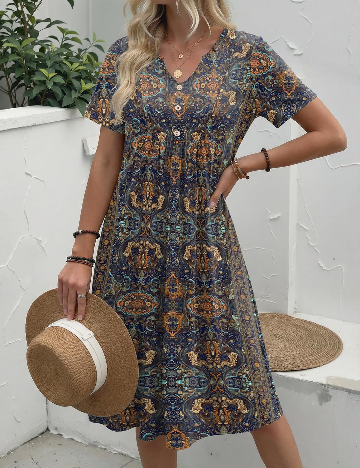 Zeagoo Women Summer Dresses Casual Short Sleeve Midi Dress with Pockets Floral A Line V Neck Beach Vacation T Shirt Sundress - Image 4