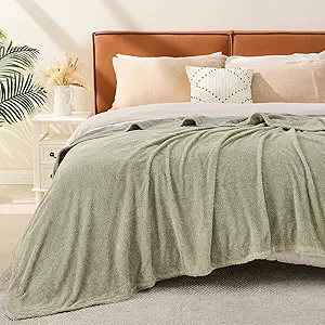 EMME Muslin and Fleece Queen Blanket Reversible - 80"*90" Sage Green Soft Warm Throw Blankets for Couch Bed Picnic Travel Bed