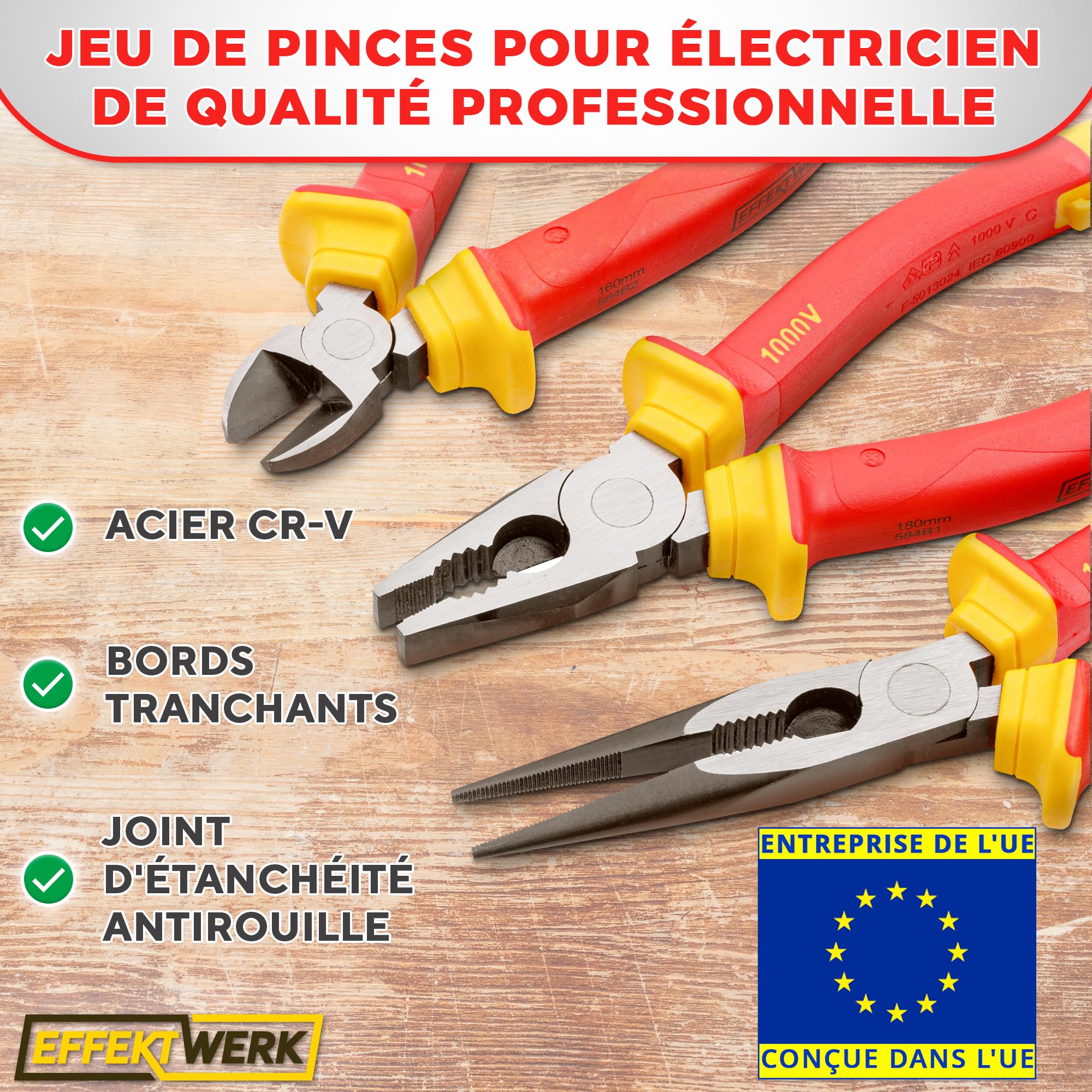 Jeu de 3 pinces pour électricien, isolées et testées VDE, combinées, longues/à bec aiguille et coupantes latérales/pinces coupantes diagonales
