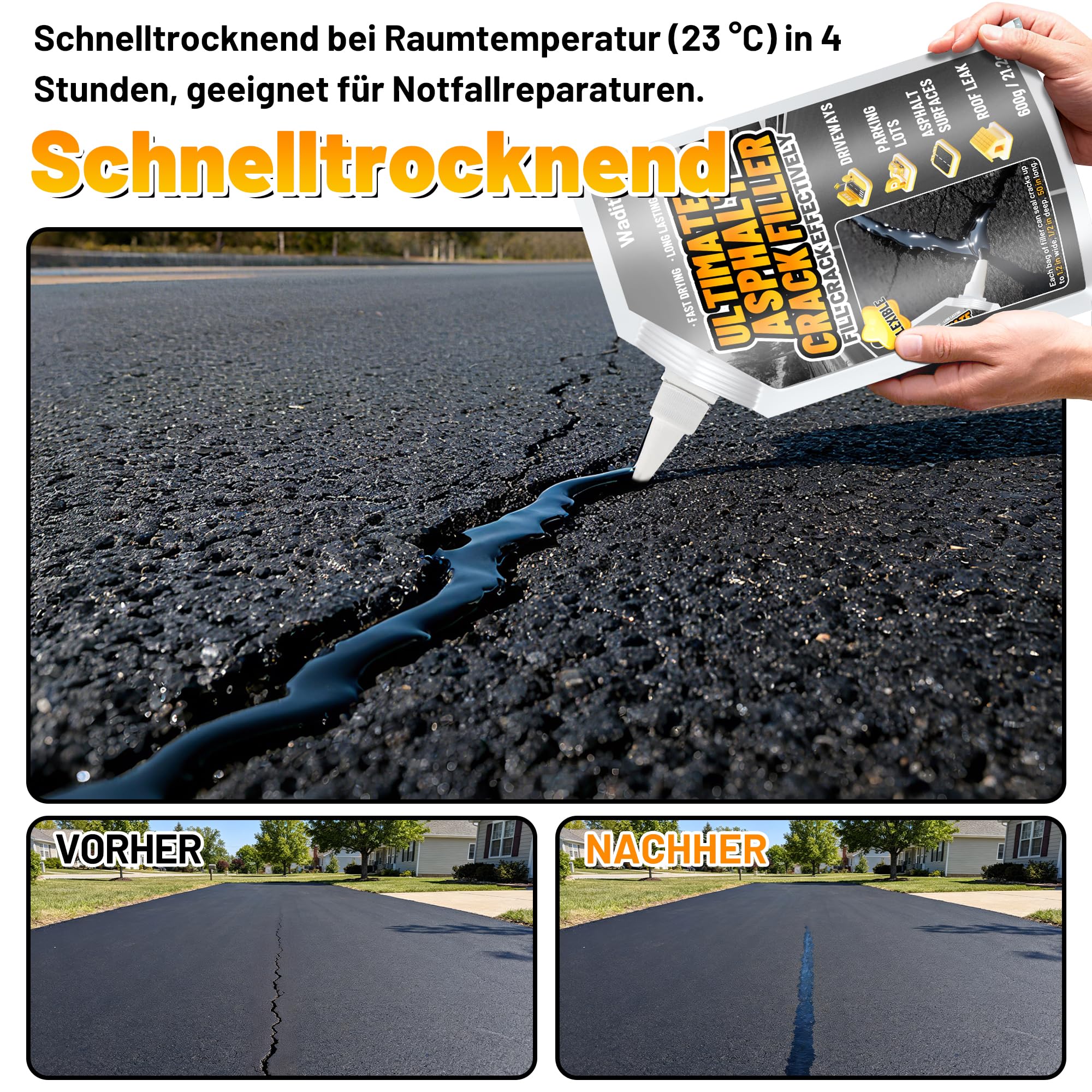 Asphalt-Rissfüller, 3.6kg Hochelastisches Selbstnivellierendes Wasserfestes Dichtungsmittel für Einfahrten, Gehwege, Asphaltbetonfugen, Schnell Trocknende Versiegelung für den Außenbereich – Schwarz