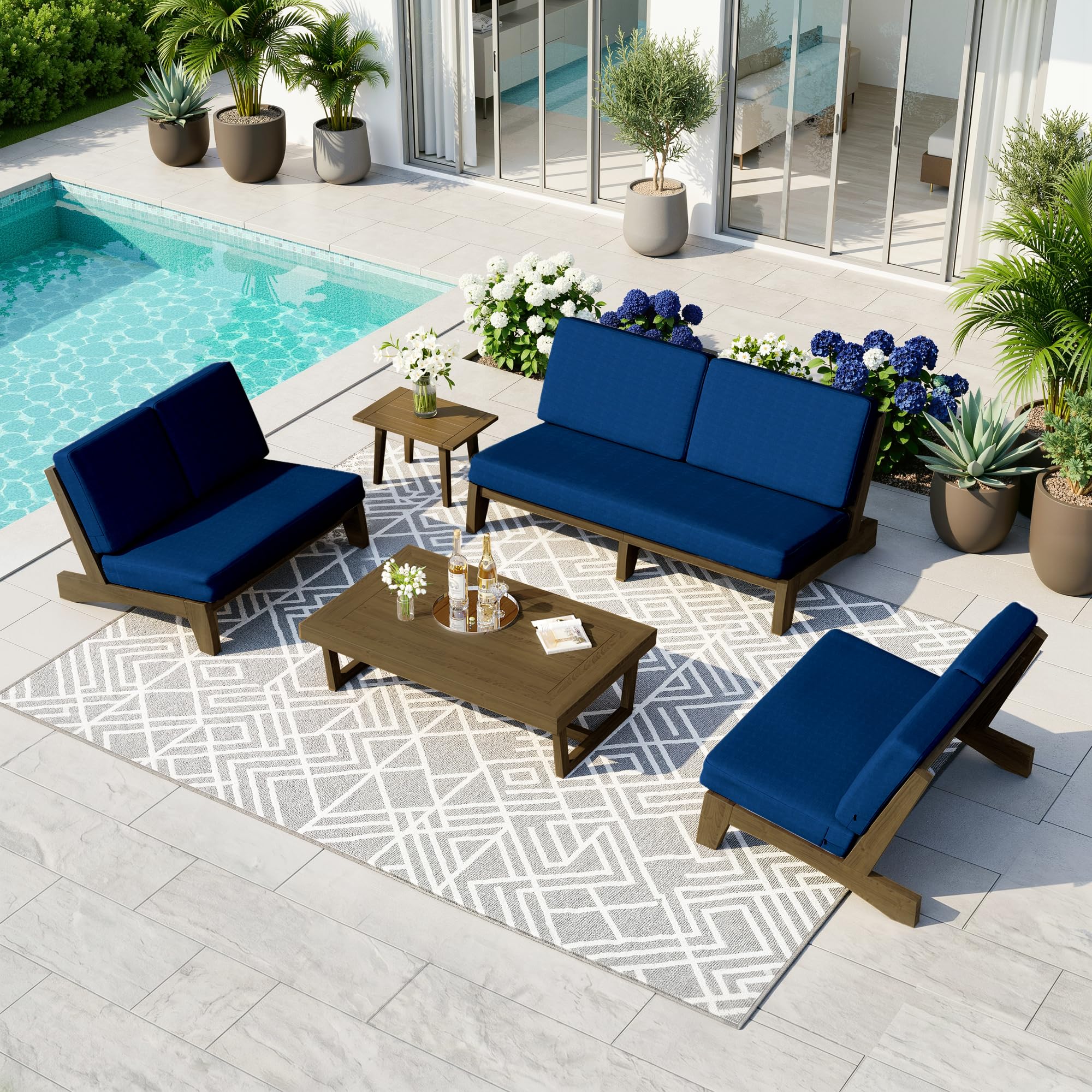 Pia Ricoo 5-Piece Patio Furniture Set, Outdoor Sofa with 2 Split Back Loveseat, 2 Chairs &amp; Coffee Table, Conversation Set for Backyard/Deck/Lawn - Navy