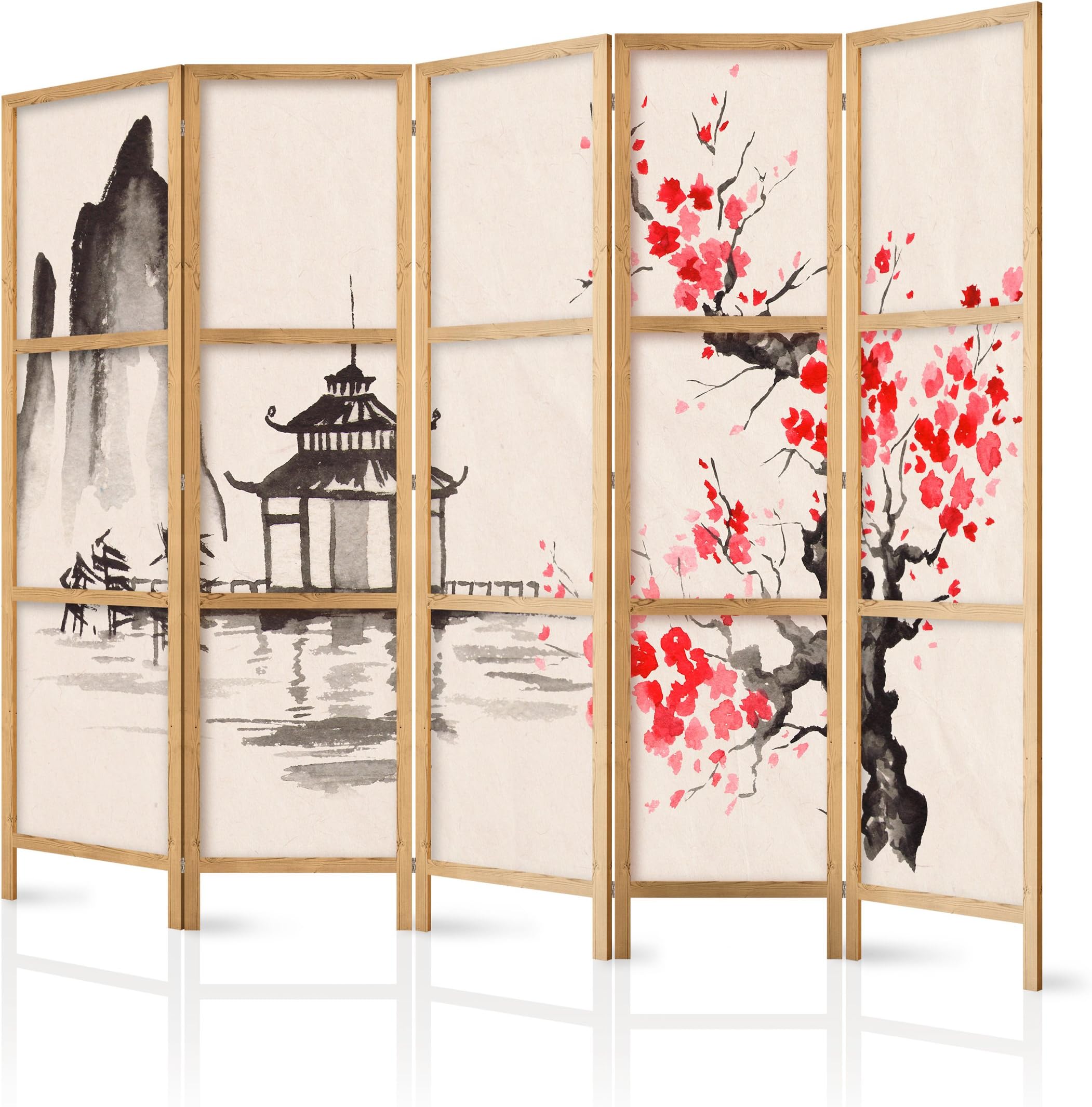 decomonkey 5 panel Room Divider - 89" x 68" / 225 x 171cm Cherry Blossom House Nature Decorative Privacy Screen for Room Separation Home Office Spa