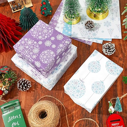 Miniatura 5 de AnyDesign - 12 hojas de papel de regalo de Navidad de invierno, papel de regalo de copo de nieve azul morado para manualidades, embalaje de regalo,