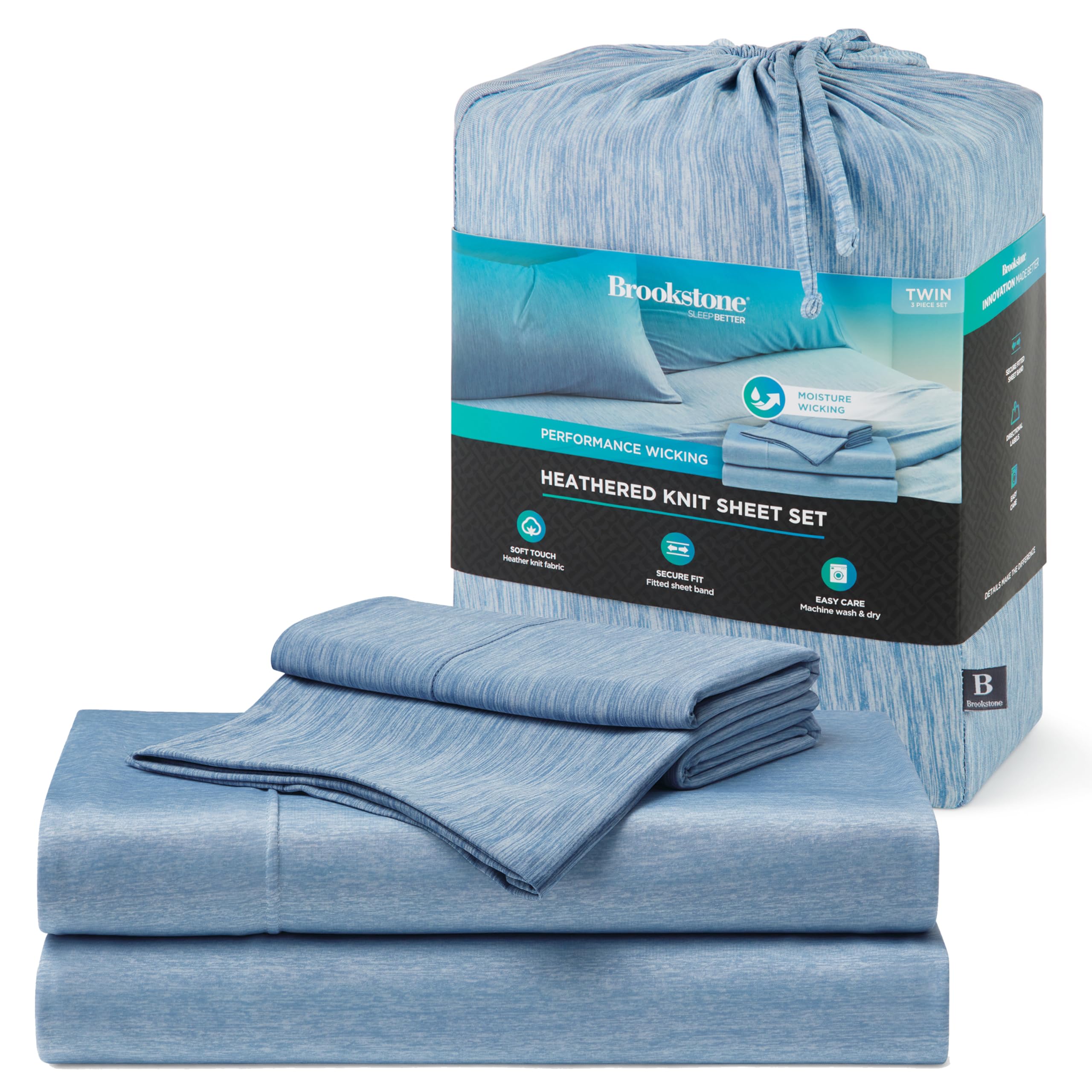 Brookstone Heathered Knit Moisture Wicking Twin Sheet Set - Innovative Breathable Fabric for All-Night Use by Hot Sleepers - 3 Piece Set of Soft Bed, Fitted Sheet, & Pillowcase - Faded Denim