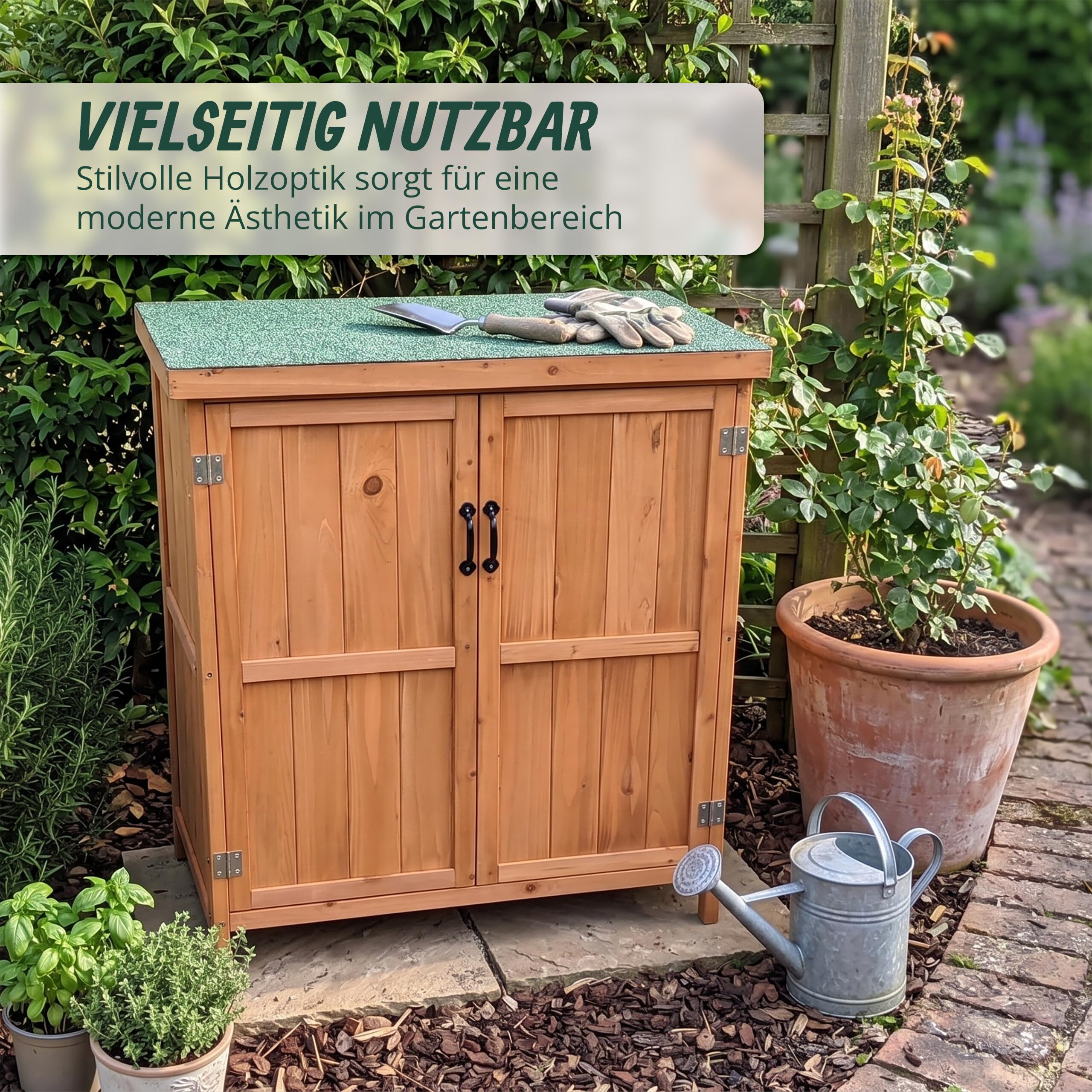 Relaxdays Gartenschrank, Holz, aufklappbares Dach, wetterfest, Einlegeboden, HBT: 88 x 75 x 44 cm, Gerätehaus, Hellbraun