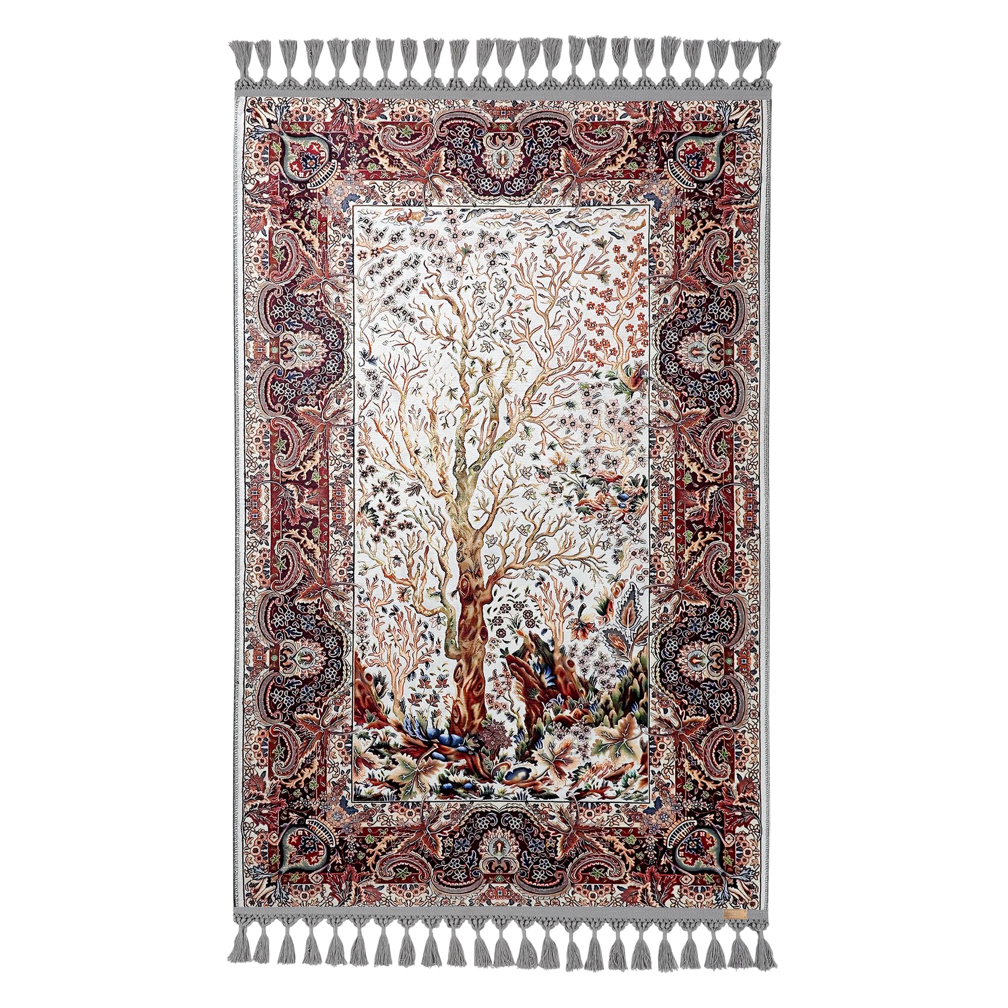 allmode homestyle şekil Tapis de prière décoratif arbre de vie avec pompons - Motif traditionnel persan - Bordure grise et bordeaux - Tapis de prière musulmane - Sajadah turque (160 x 230 cm)