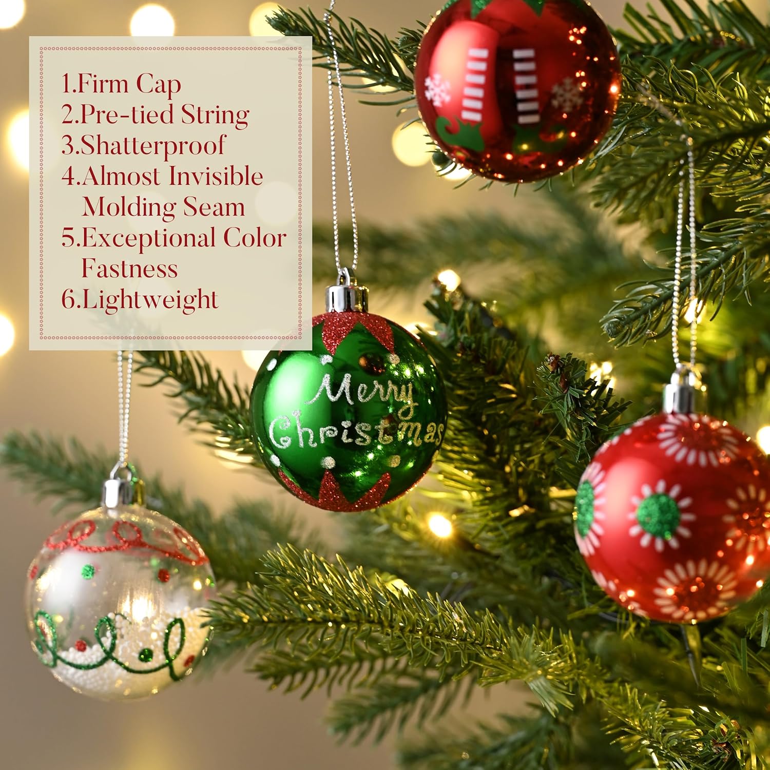 Valery Madelyn Christmas Tree Ornaments Set, 16ct Elf Red Green White Shatterproof Christmas Tree Decorations Bulk, 2.36 Inch Decorative Hanging Ball Ornaments for Xmas Trees Holiday Party Decor