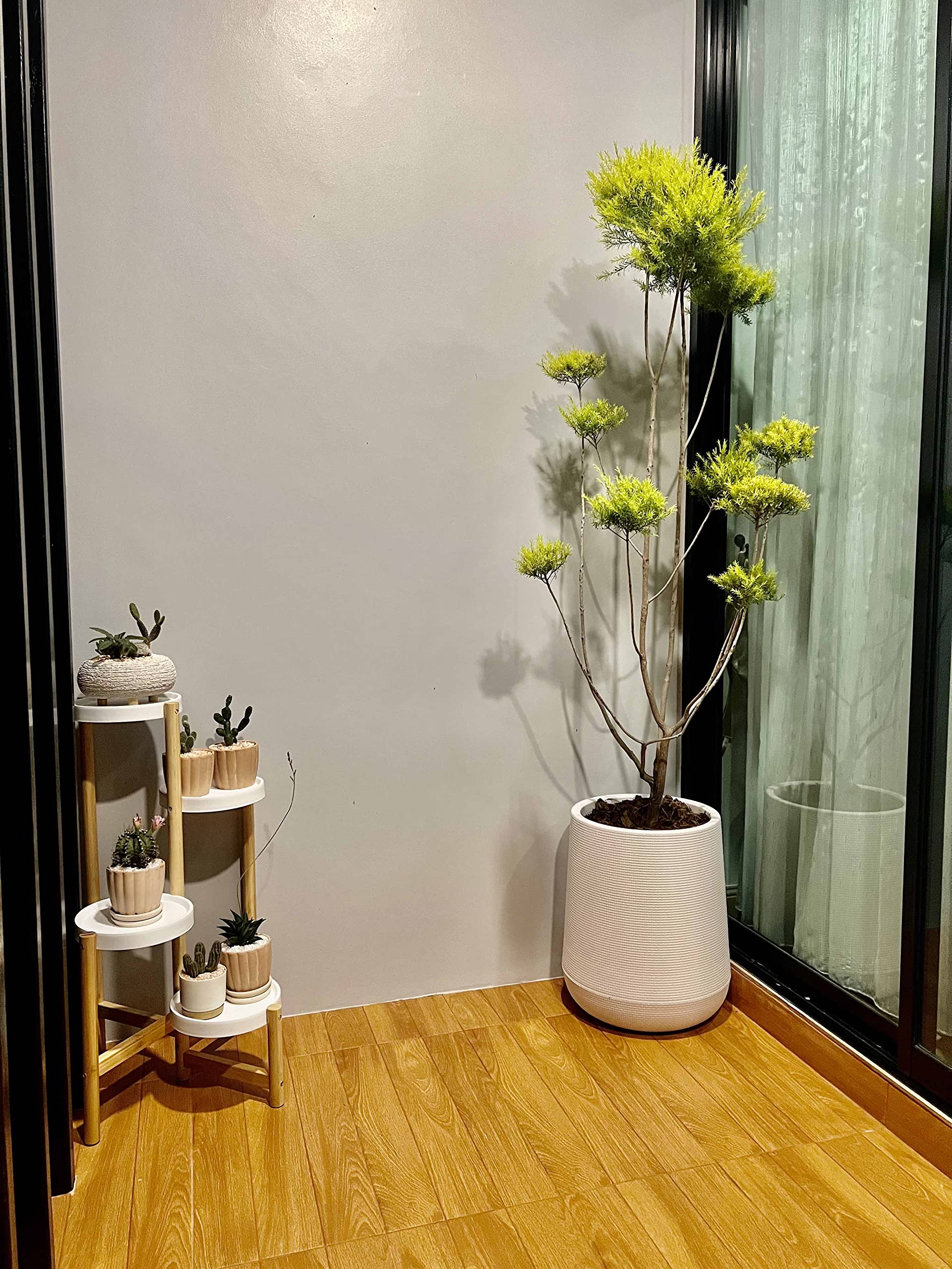 unho Porte Plante en Bambou, Etagère Plantes à 4 Niveaux Escalier Plantes sur Pieds Intérieur Extérieur pour Salon Balcon Jardin Bureau, Blanc Charge Maximale 10kg*4
